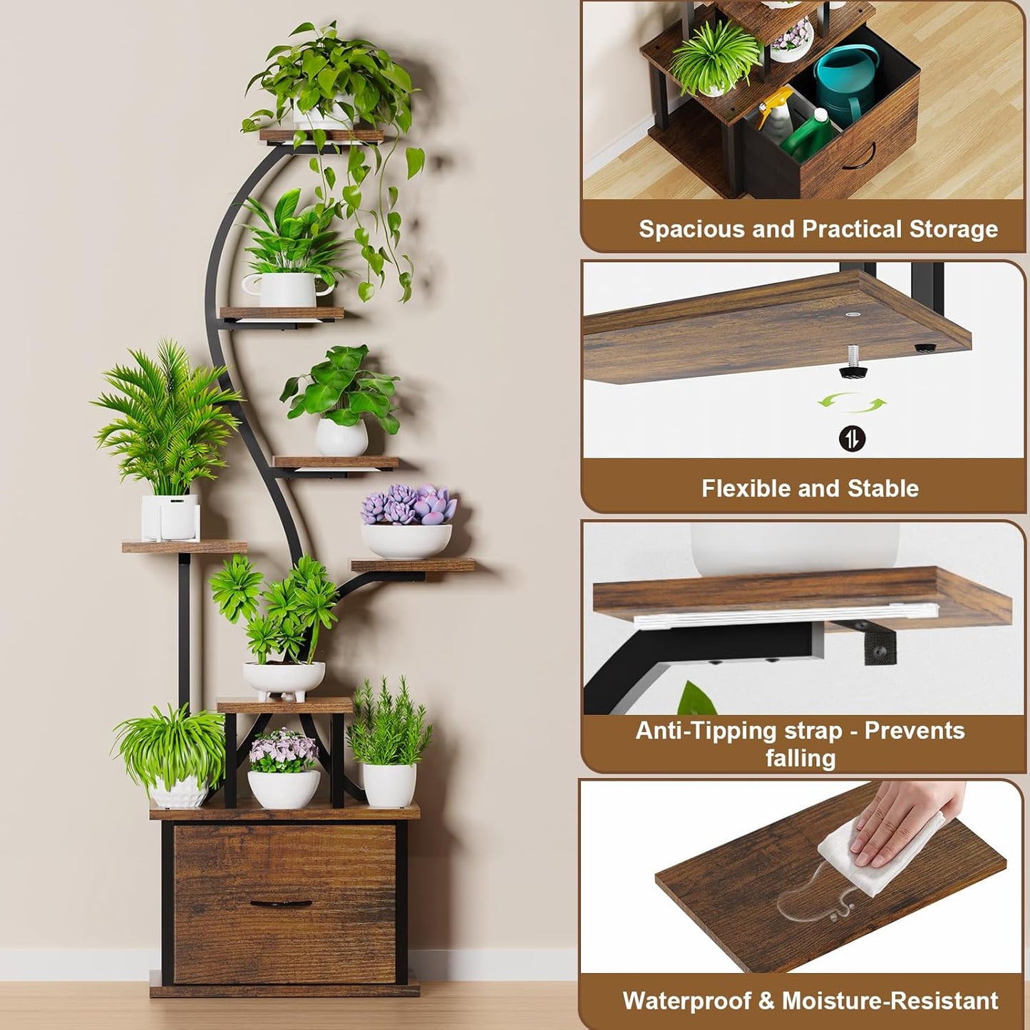 Plant Stand Indoor with Grow Lights - 8 Tiered Lighted Plant Shelf Indoor with Drawer, 65" Large Plant Stand for Indoor Plants Multiple, Metal Tall Plant Flower Holder for Home, Living Room, Patio