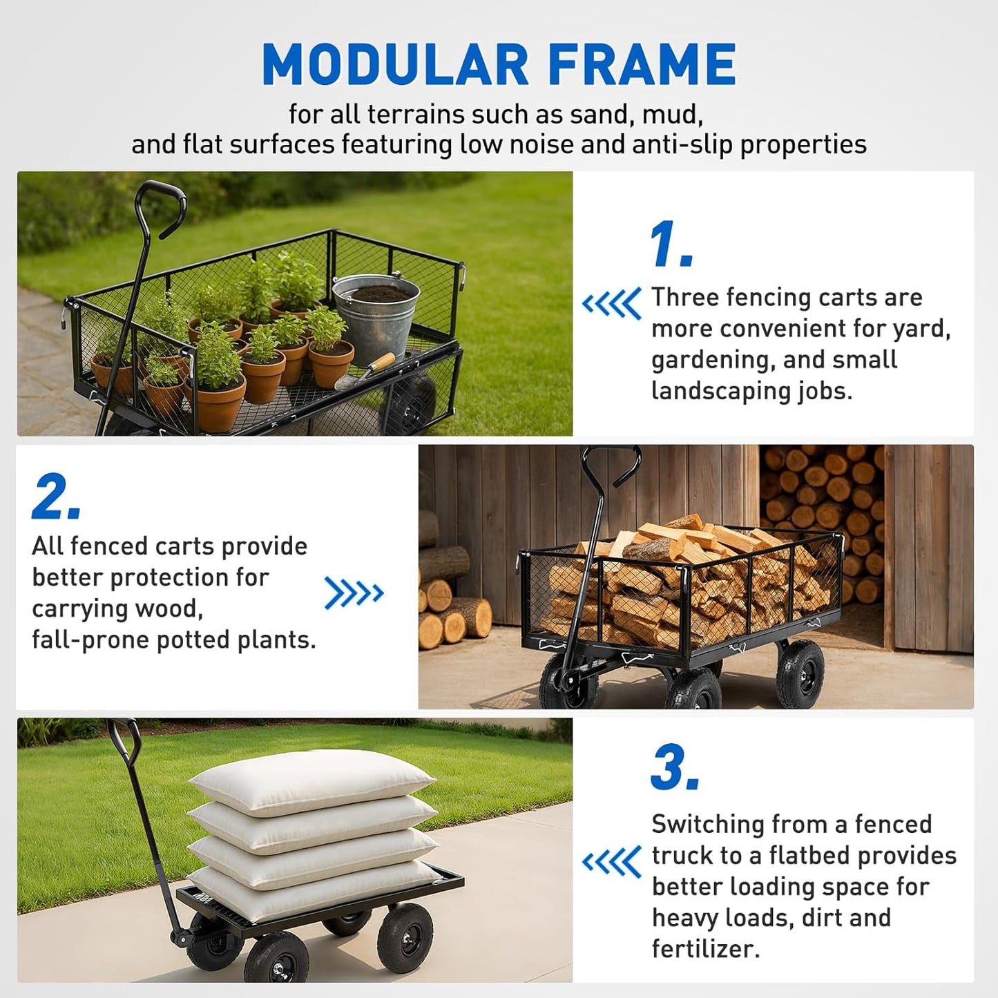 Yesker Steel Garden Carts - 1100lbs Dump Wagon with All Terrain Inflatable Wheels for Yard Lawn Farms Gardening - Heavy Duty Utility Outdoor Hauling Wheelbarrow