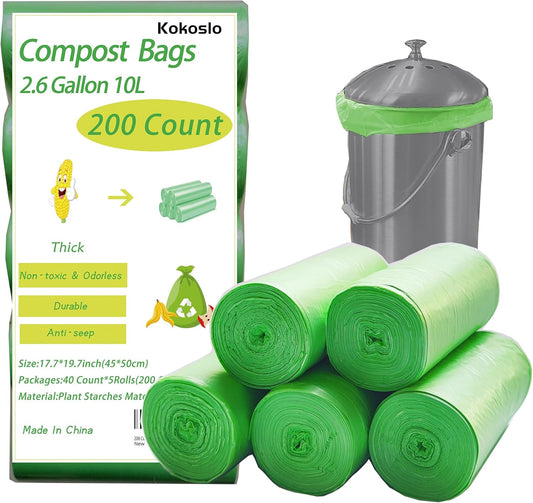 200 Counts 2.6 Gallon 10L Compost Bags, Compostable Trash Bags for Kitchen Compost Bin, Green Compostable Liner Bags for Food Scrap, Garbage Bags for Bedroom, Bathroom, Office