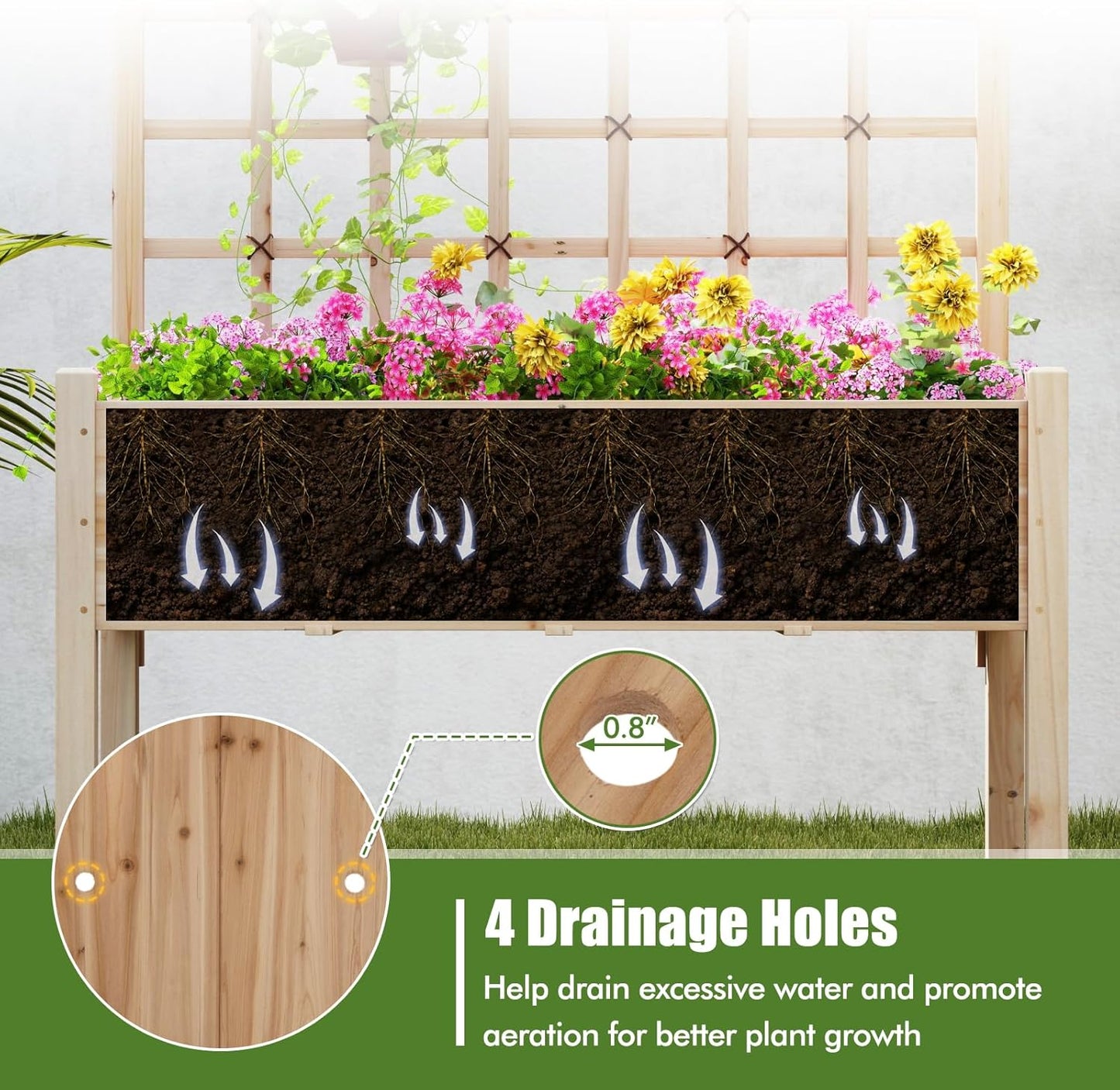 HAPPYGRILL Raised Garden Bed with Lattice Trellis, 4 Drainage Holes, Wooden Elevated Planter Box with Legs for Climbing Vine, Hanging Small Flower Baskets, Outdoor Gardening Planter for Patio Balcony