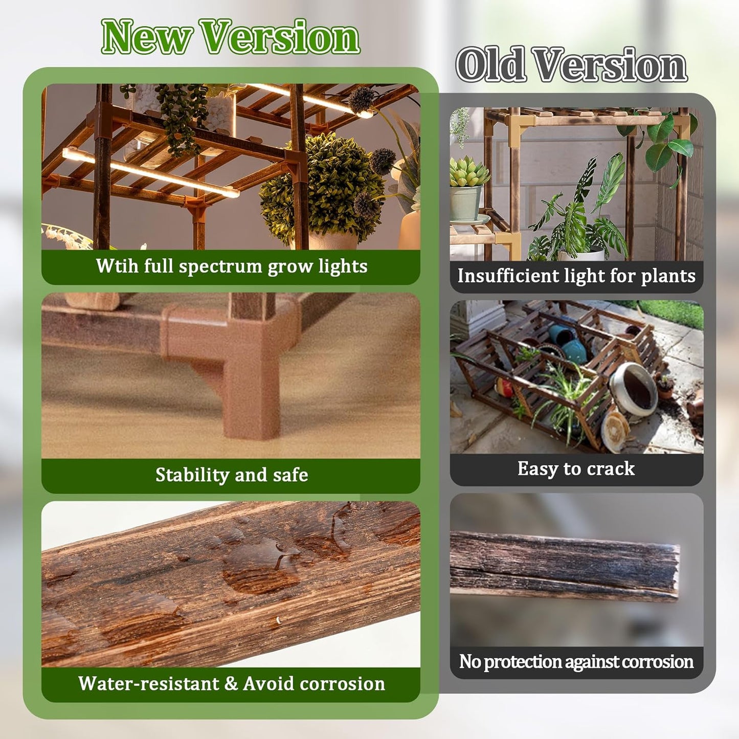 Dreyoo Plant Stand with Grow Lights, Wood Plant Shelf with Full Spectrum Grow Lamp for Indoor Corner, Vintage Multi Layer Lighted Stand for Living Room Balcony Display(12 Tiered Shape)