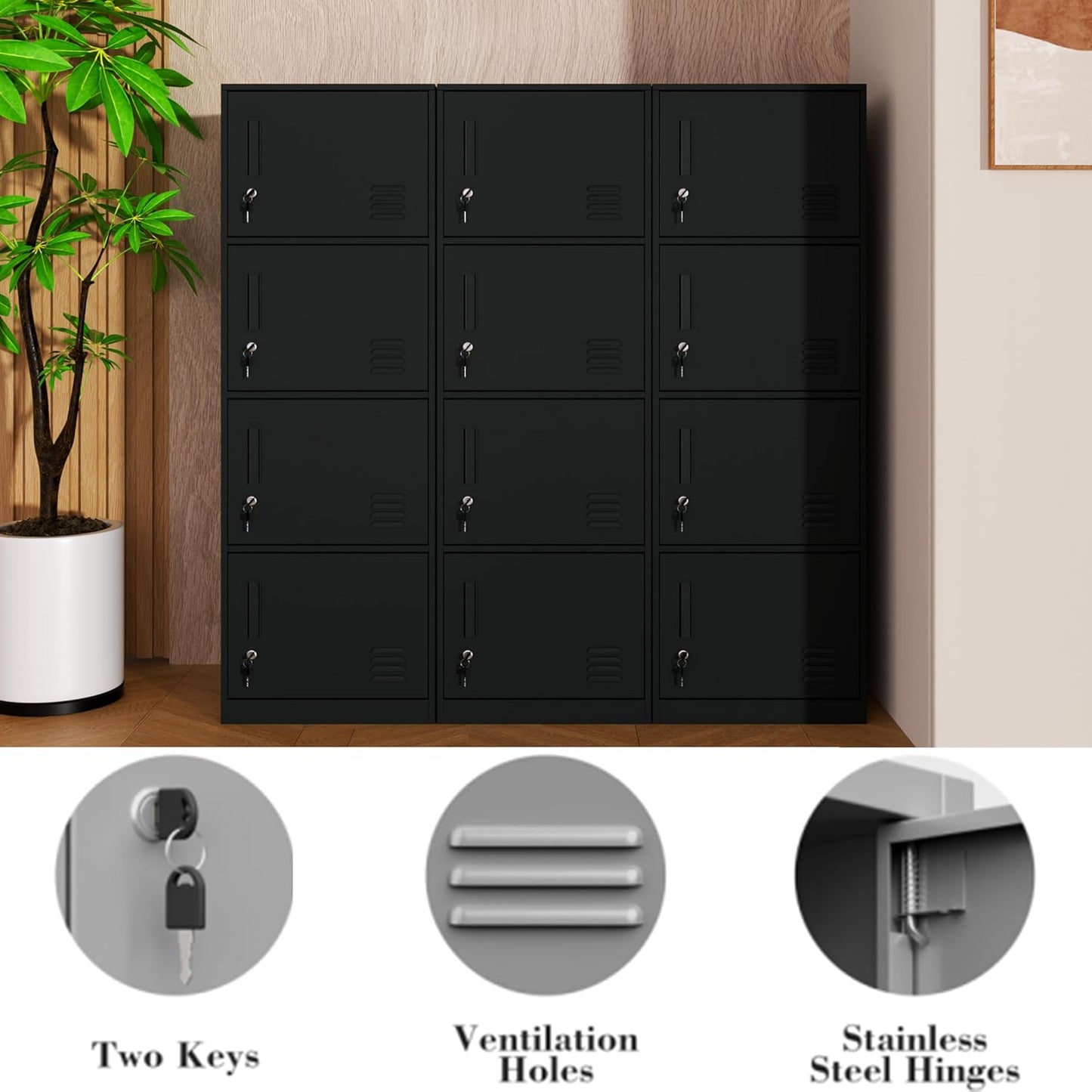 4 Door Metal Storage Locker Cabinet for Office, Home, Gym, School, Steel Cabinet to Storage File, Toys, Shoes and Sports Equipment, Locker Organizer for Gym Office Bedroom (4 Door, Black)