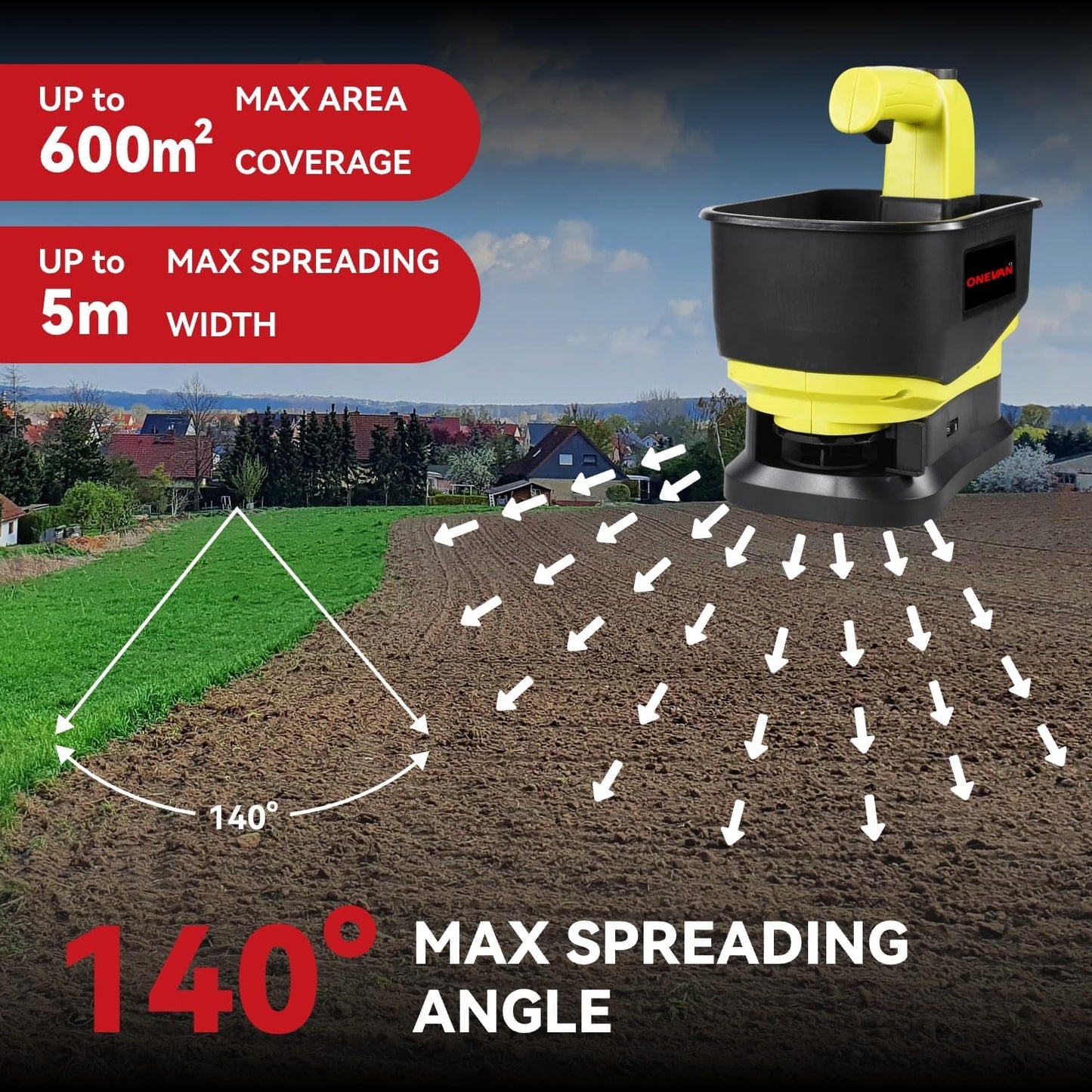 Seed Spreader, Handheld Battery Operated Spreader with 2x2000mAh Batteries, 5.5L Large Capacity Hopper, 6 Speed Levels, Available Year-Round, Grass Seed, Rock Salt, Fertilizer & Ice Melt