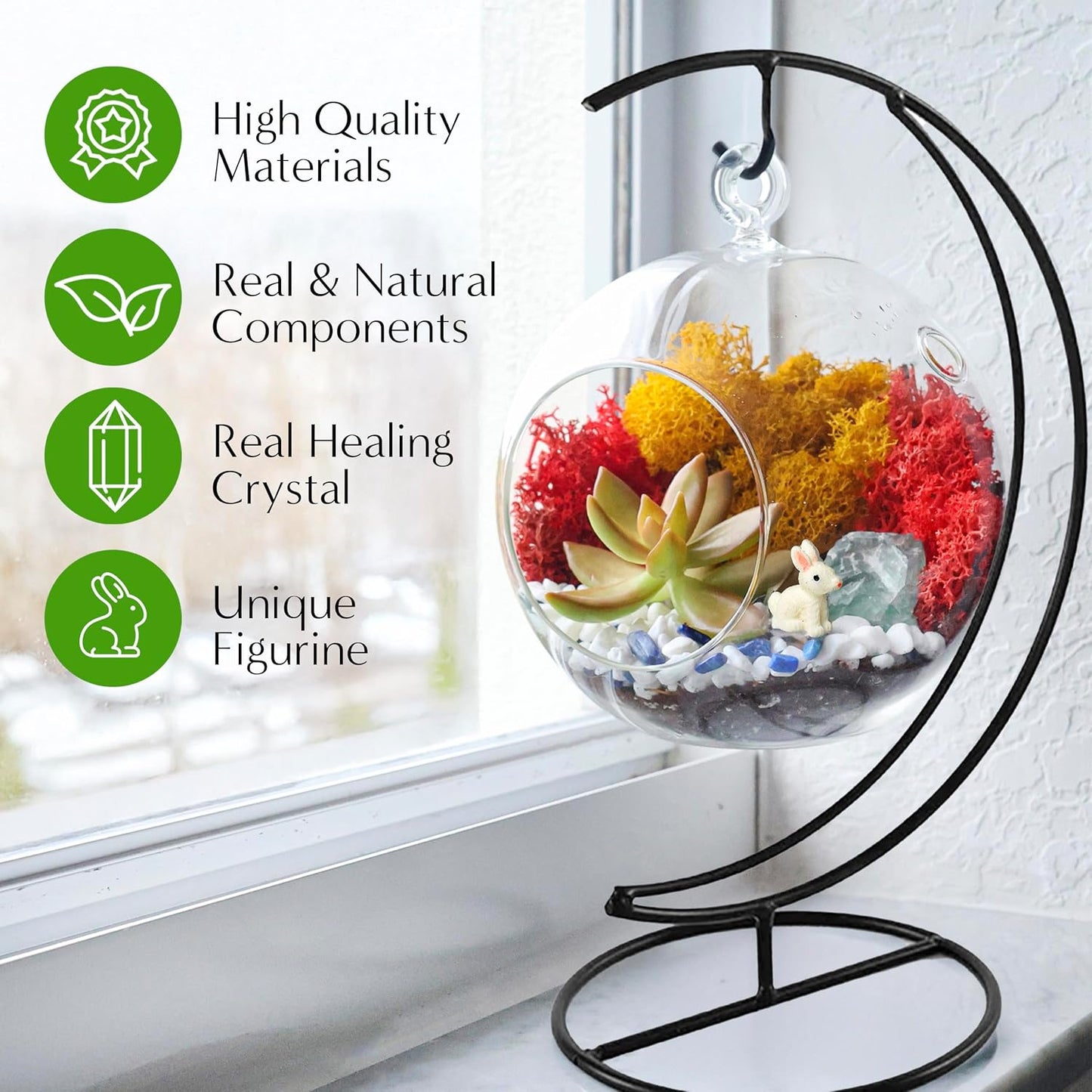 5" DIY Globe Terrarium Kit - Hanging Glass Planter with Stand for Adults & Kids - Build Your Own Mini Ecosystem with Moss, Crystals, Tools & Figurine - Handcrafted in USA