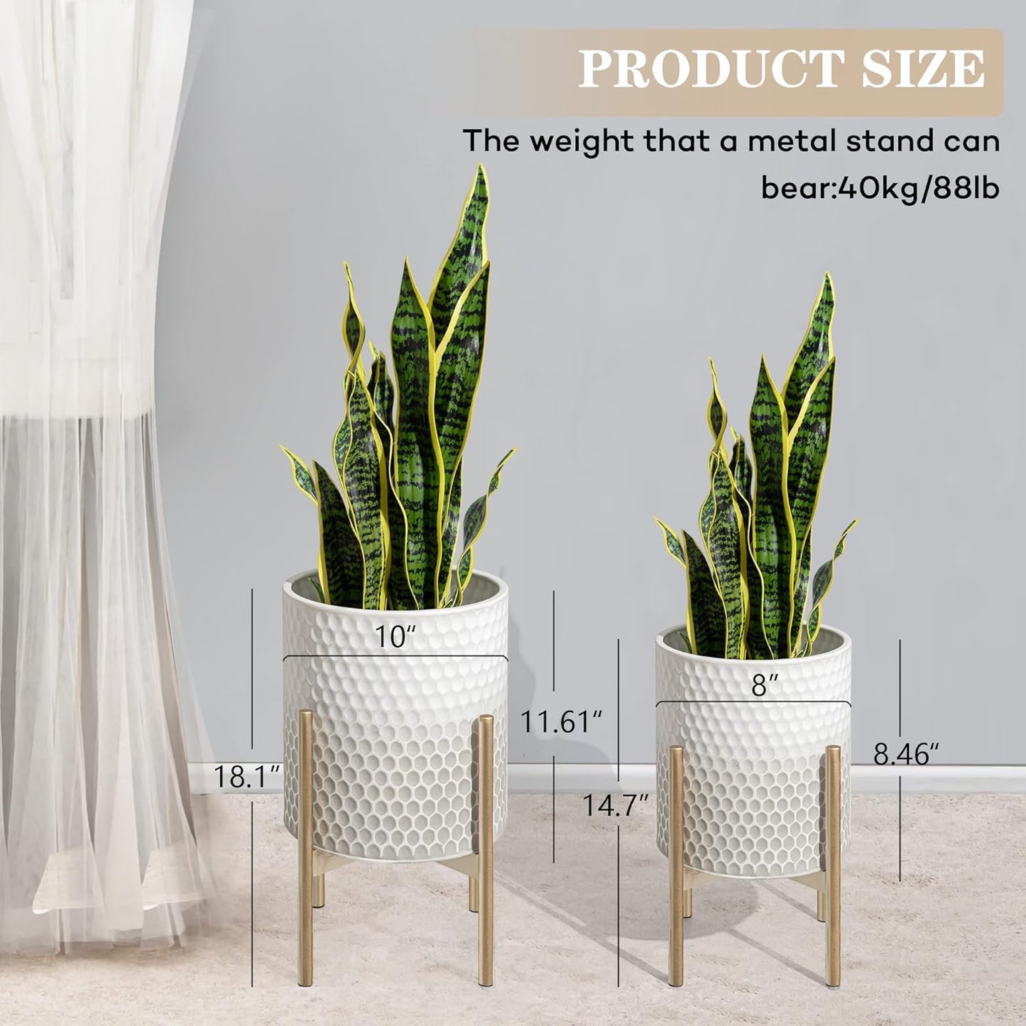 Oakrain Mid Century Planters for Indoor Plants, Set of 2, Modern Decorative Metal Pots for Living Room, Office, Garden or Balcony, Gray and White Gradient Planter with Stand, 8 inch&10 inch