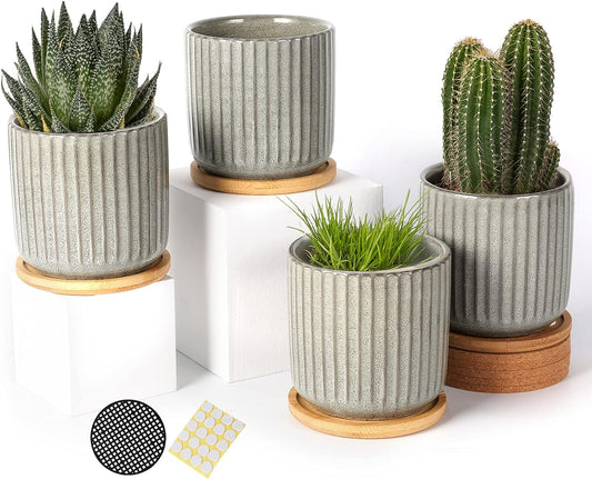 OMAYKEY 4 Inch Ceramic Plant Pot with Saucer, Creative Stripe Grey-Green Small Planters Pots with Drainage Hole and Mesh Pads for Succulent, Cactus, Herbs - Set of 4