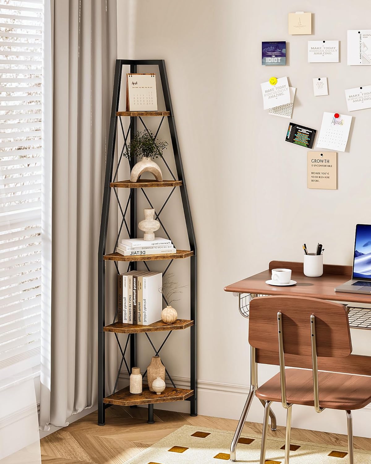 5-Tier Corner Shelf, Corner Bookshelf, Ladder Shelf, Floor Standing Storage Rack, Open Display Stand, Plant Stand, for Living Room, Bedroom, Study, Bathroom, Rustic Brown and Black TCJ22BF
