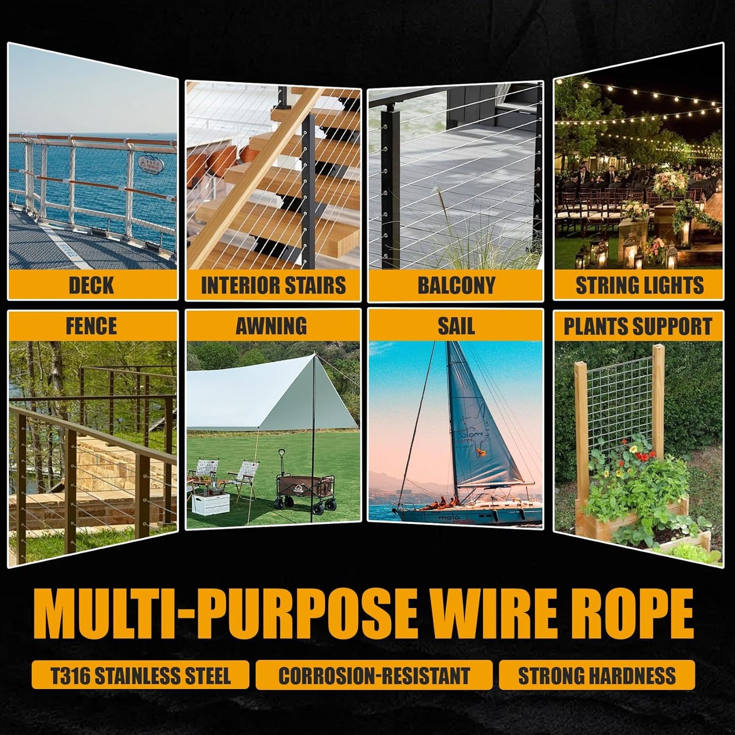 600FT 1/8" Stainless Steel Cable Black, Wire Rope with Cable Cutter, 7x7 Strands,1800lbs Breaking Strength, Aircraft Cable Rope for Deck Cable Railing, Stair, Fence, DIY Balustrades