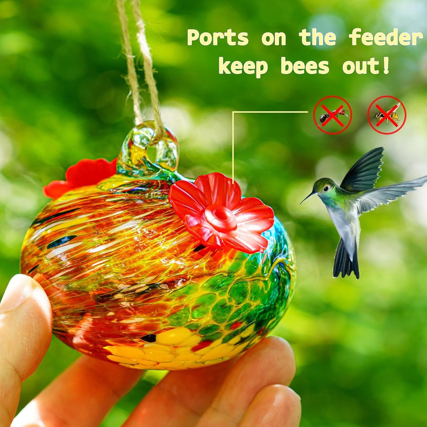 Hand Blown Glass Hummingbird Feeders for Outdoors with 2 Feeding Ports Leak Proof Small Glass Humming Bird Feeder for Window Garden Patio Decoration