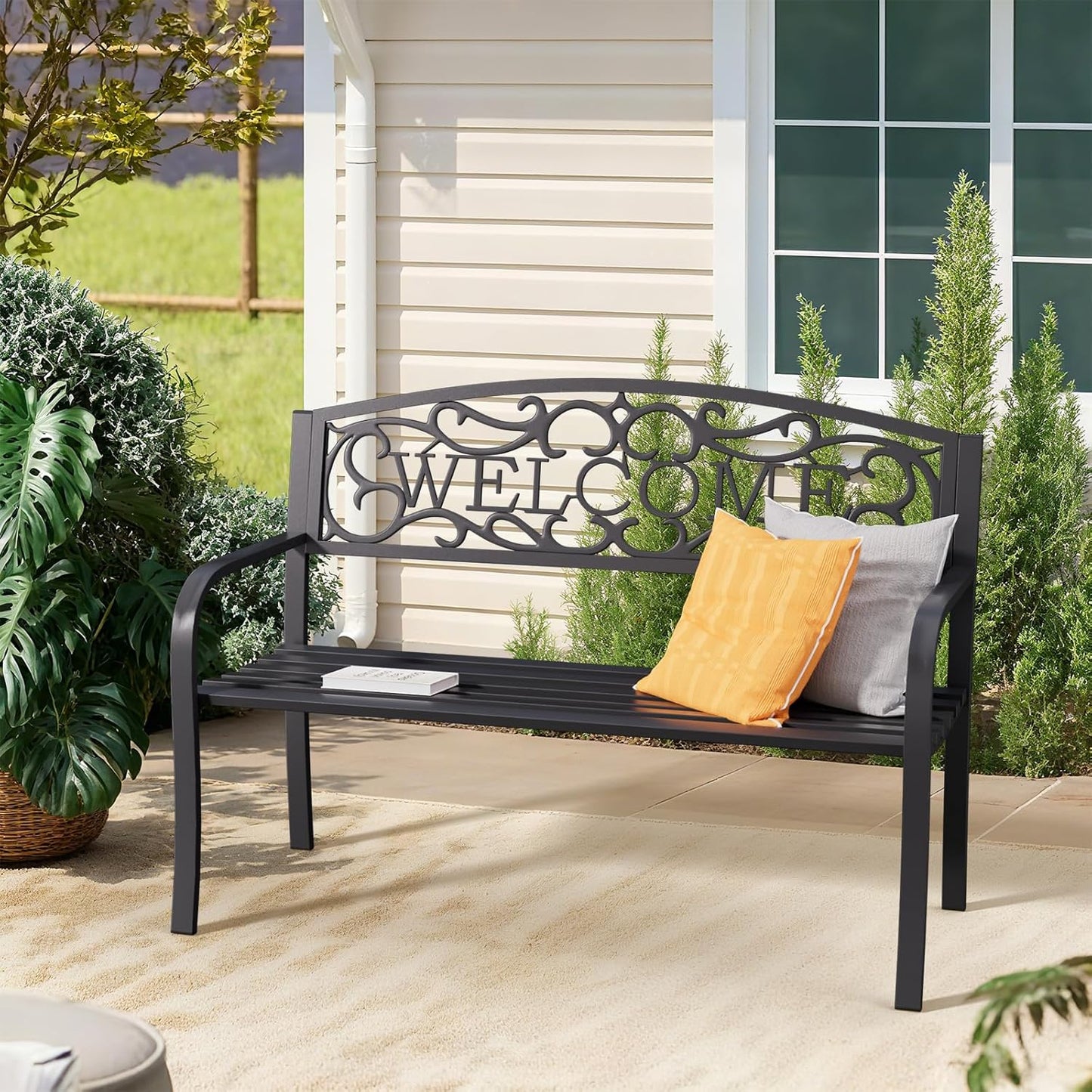 50'' Outdoor Garden Bench, Weatherproof Wrought Iron Metal Patio Bench with Mesh Pattern Backrest, for Front Porch, Park, Yard, Gardens