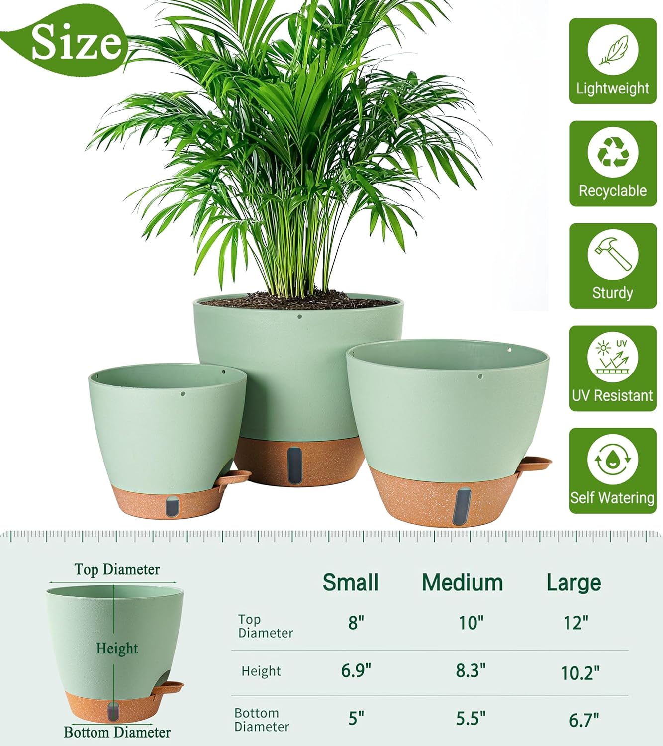 8/10/12 Inch Self Watering Pots for Indoor/Outdoor Plants - Large Plastic Planter with Drainage Holes, Water Level Indicator & Deep Reservoir, Modern Decorative Flower Pots (Green)