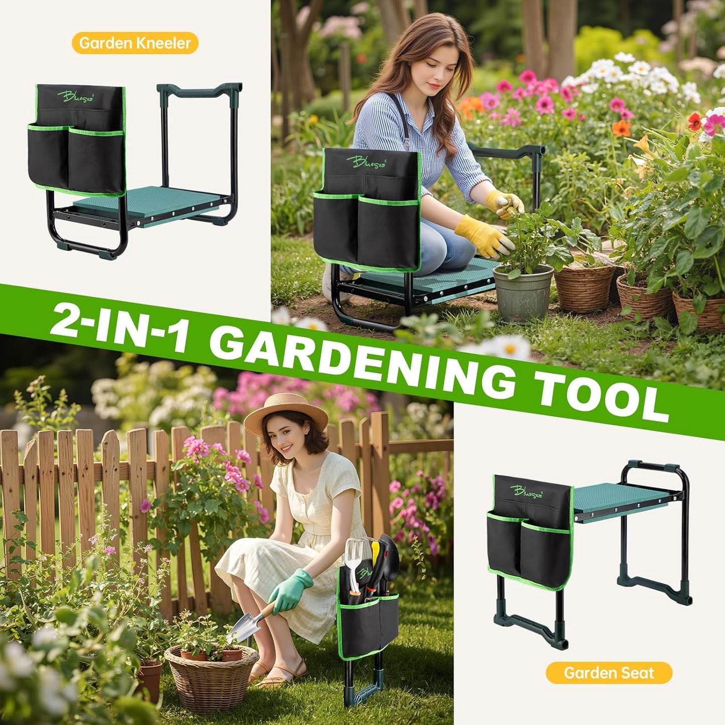 Bluesea Garden Kneeler and Seat - 2-in-1 Heavy Duty Garden Stool & Thick Kneeling Pad with Tool Pouch, Foldable Garden Bench for Planting, Weeding, Seniors, Women (350lbs Capacity)