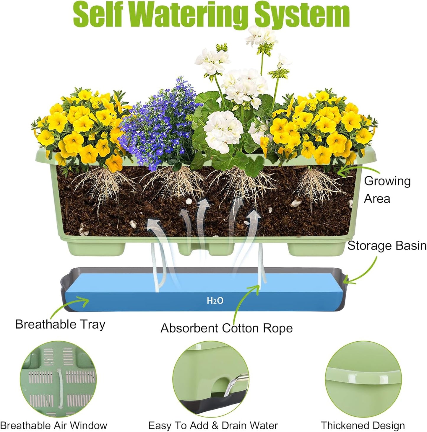 Window Box Planter 6 Pcs, 17 Inches Rectangle Flower Pots with Drainage Holes and Trays, Vegetable Planters for Windowsill Patio Garden Balcony Home Indoor Outdoor (Light Green, 18*10*6 inch)