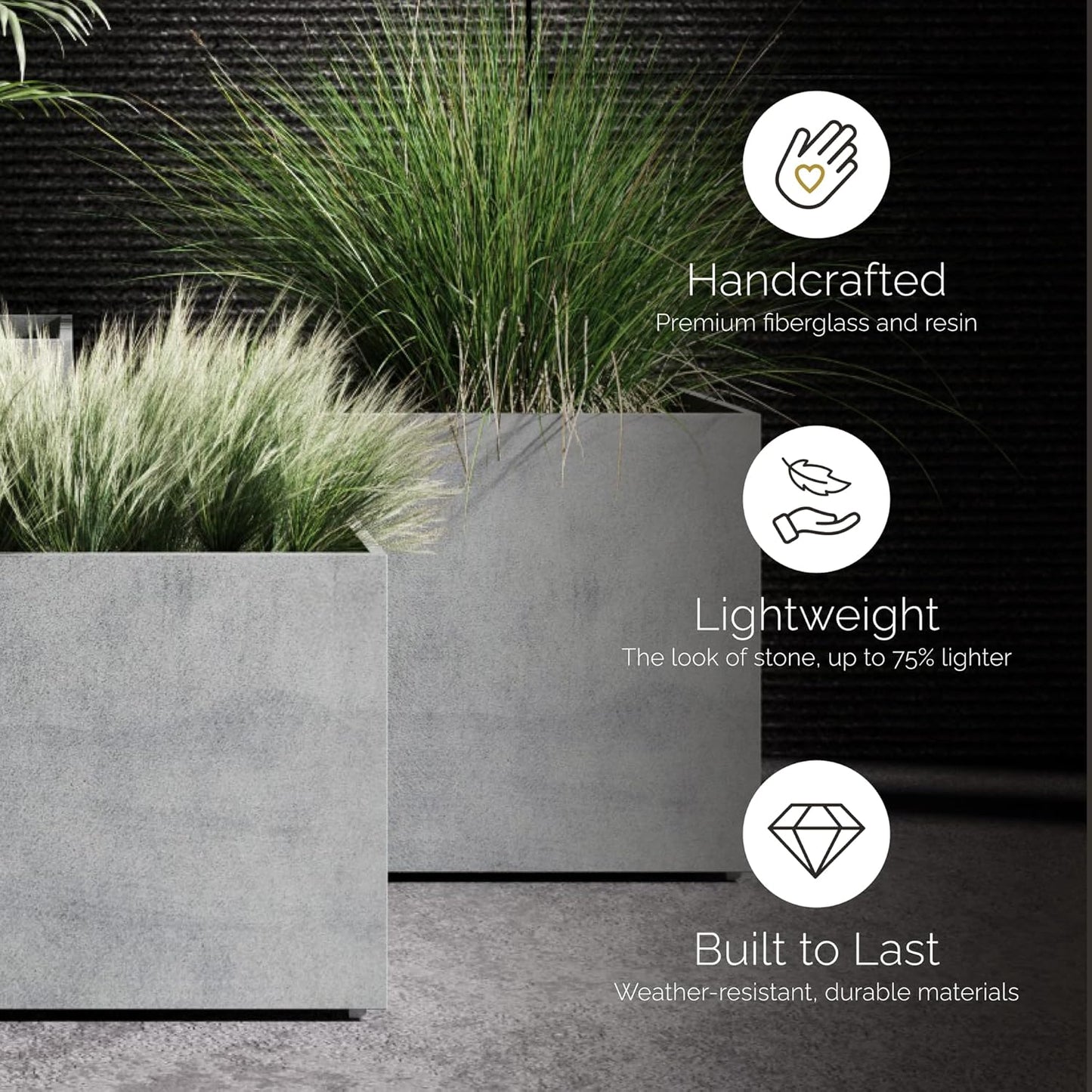 Reglito Cube Planter – Fiberglass Indoor/Outdoor and Weather-Resistant Large Planter (Grey Stone, 23.6" L x 23.6" W x 24.2" H)