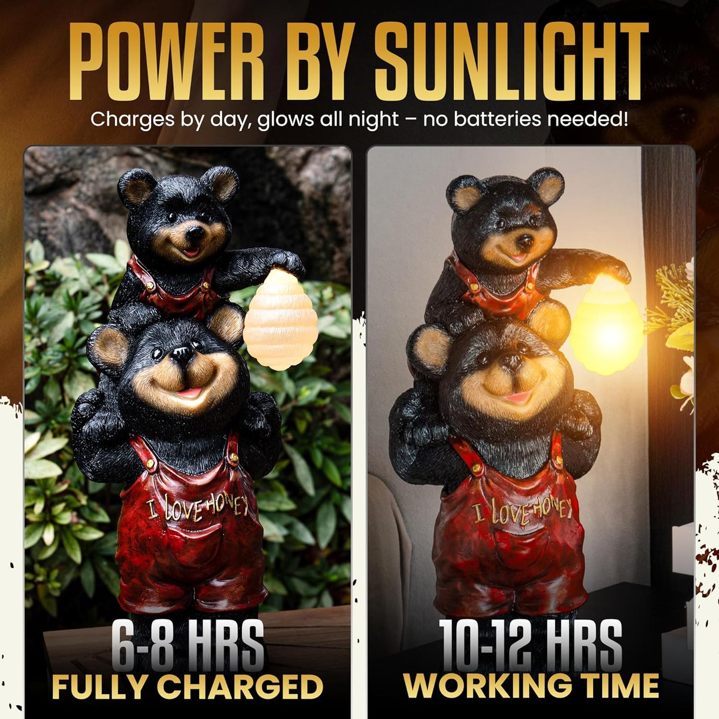 Black Bear Beehive Solar Light Figurine - Outdoor Waterproof Garden Statue - Animal Decor Light - Mother & Baby Bear for Outside - Patio, Yard, and Lawn