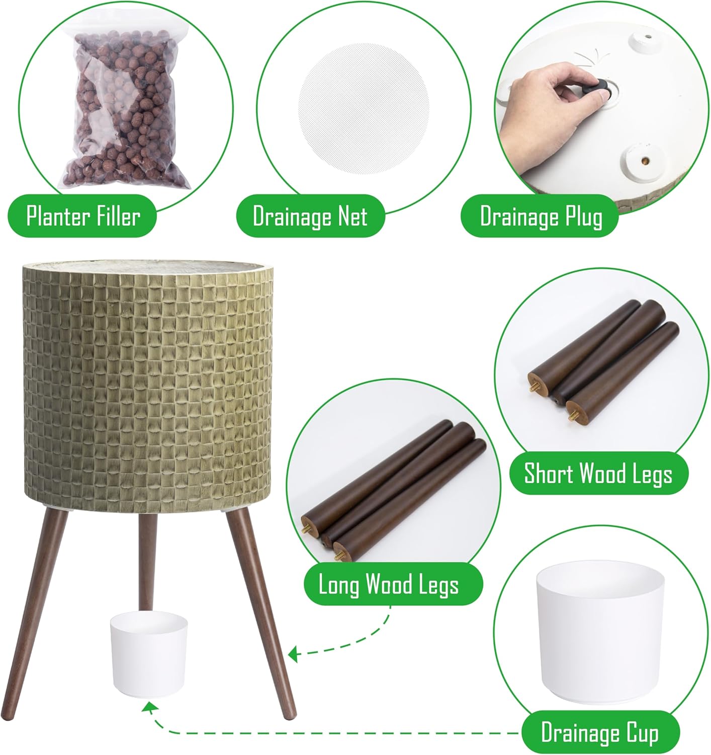 D'vine Dev 16 Inch Modern Geometric Tile Patterned Sleek Planter Pot with Stand, Indoor Outdoor Decorative Plant Holder, Distressed Olive, 88-Z-E-4