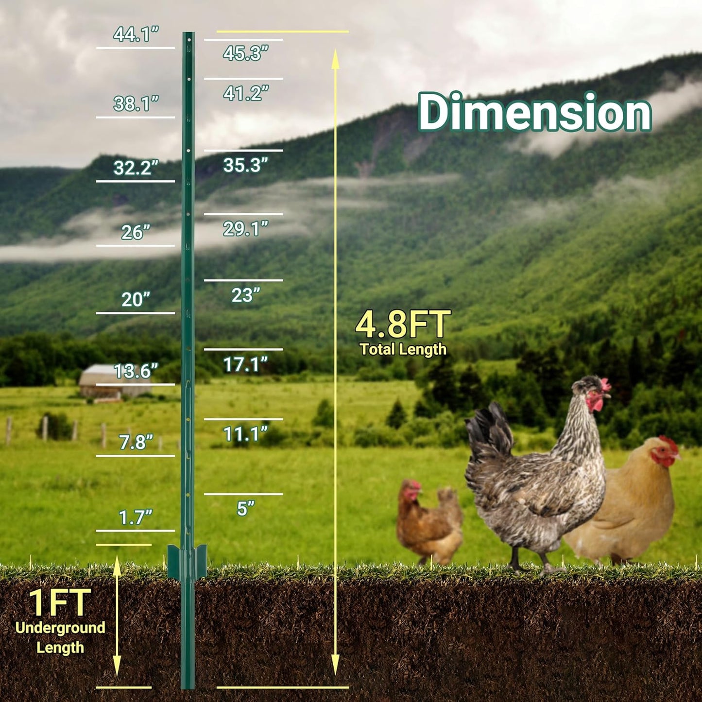 Fence Posts 4.8 Ft - 16 Pack, Heavy Duty Metal Fence Post, No Dig U Post for Farm, Garden, Orchard and Outdoor Wire Fencing (Green)