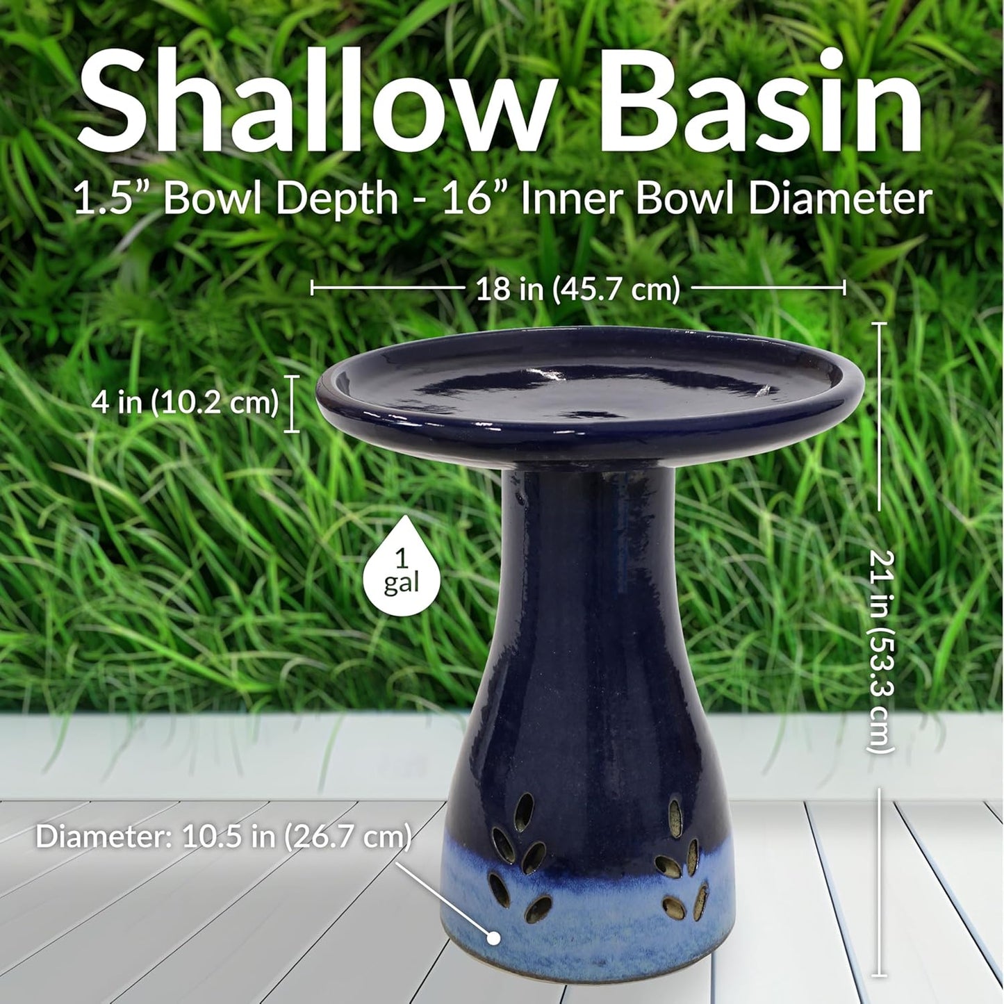 Sunnydaze 21" H Ceramic Bird Bath for Outside - Hand-Painted Outdoor Bird Bath Bowl, UV/Frost-Resistant Finish - Dark Blue - Cut Out Pedestal