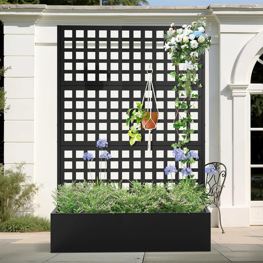 Metal Planter Box with Trellis, Heavy-Duty Raised Garden Bed for Climbing Plants, Drainage Hole, Outdoor Planter Box with Privacy Screen，47''L×16''W×71''H