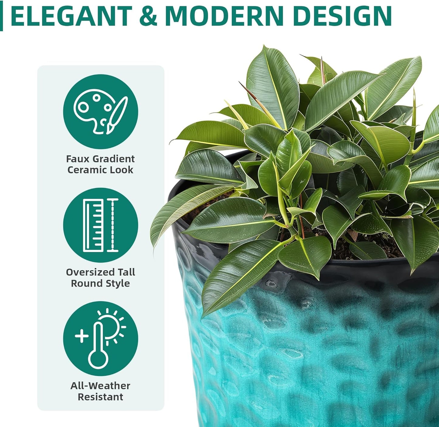 23.75" H Large Tall Outdoor Planters, Set of 2 Plastic Large Flower Pots for Outdoor Plants, with Turquoise Teal Honeycomb Texture, Weather-Resistant for Porch, Garden, Patio or Indoor Use