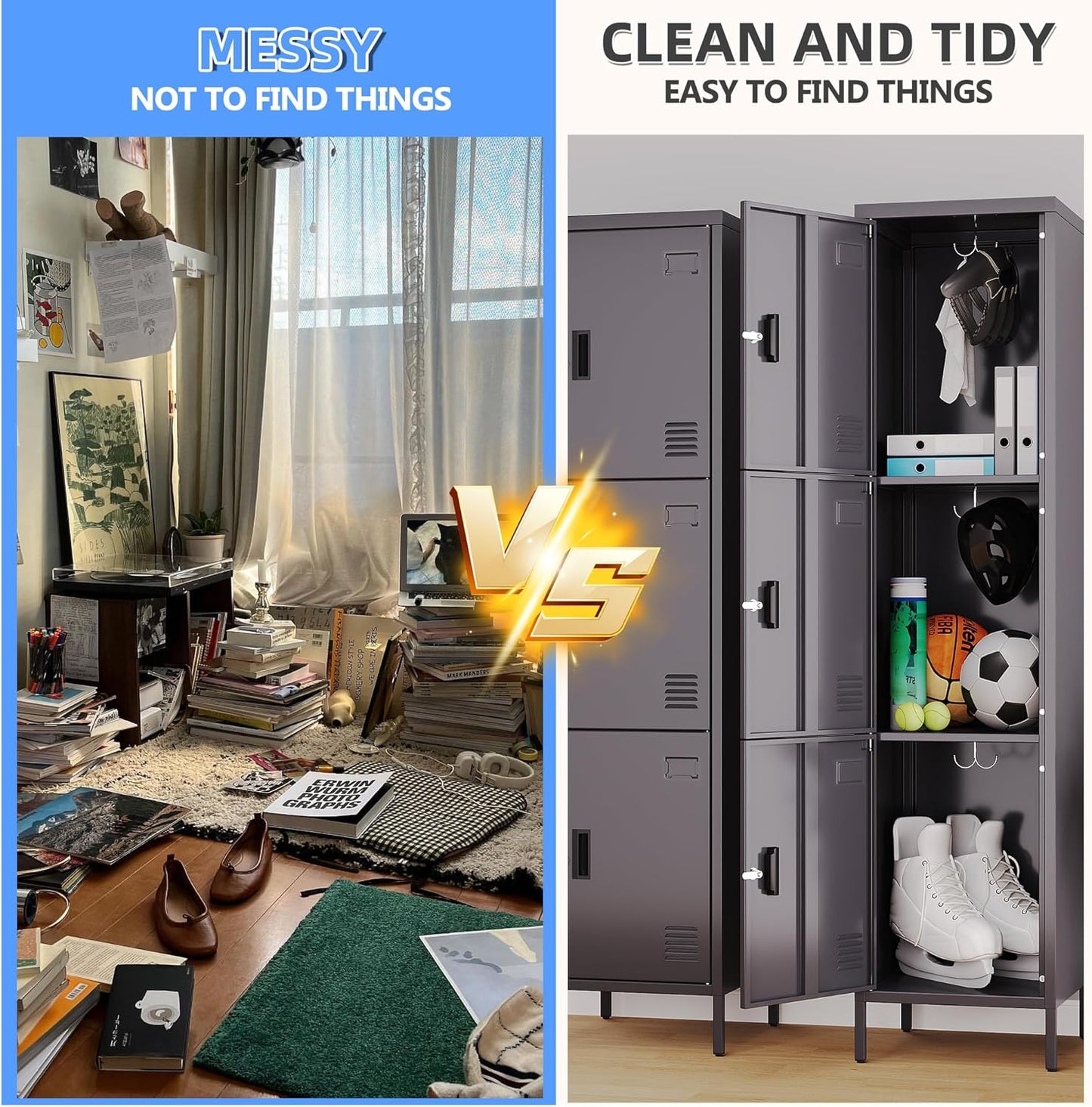 66" H*15.75" D*15.75" W Steel Storage Cabinet,3 Doors Metal Storage Locker for Employees,Employee Lockers with Lock,Hooks and Card Slot for School Gym Home Office, Assembly Required,Dark Grey,240 LBS