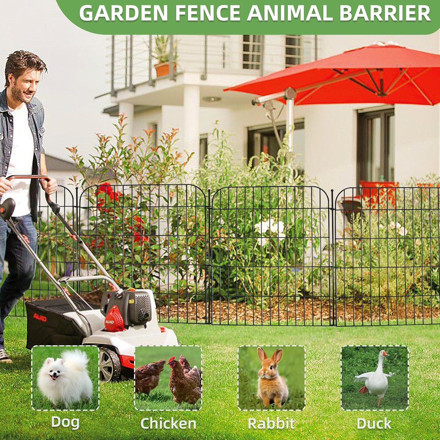 10 Panels Decorative Garden Fence with Gate for Outside, 32 in(H) X 23.6 ft(L) Rustproof Metal Wire Panel Border Fencing with Temporary Ground Stakes, No Dig Animal Barrier for Dog and Patio