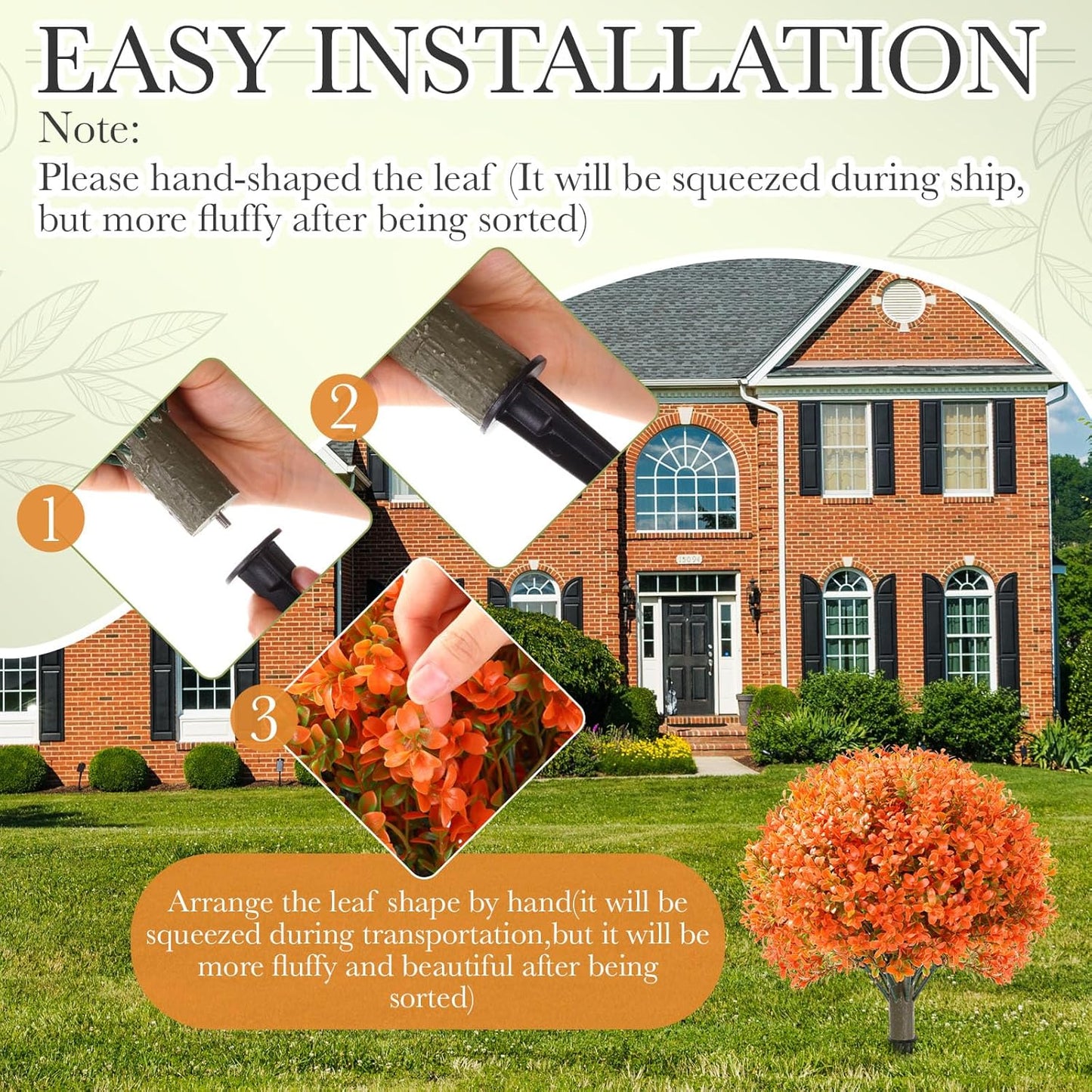 Yunlly 4 Pack 18" Artificial Boxwood Ball Bush Topiary Trees Fake Outdoor Plants, Realistic UV Resistance Faux Shrubs with Spike Greenery Topiary for Front Porch Garden Yard Patio Indoor (Orange)