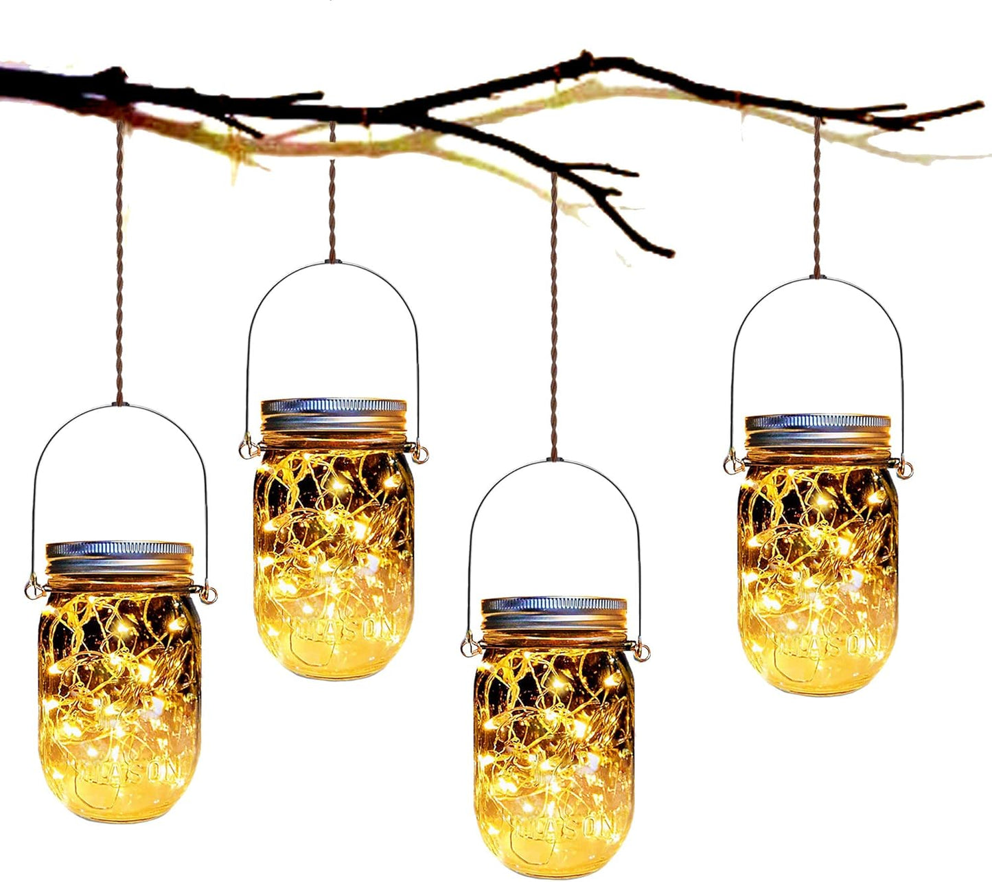 Solar Fairy Jar Lights,4 Pack 30 Led Mason Jar Decor Firefly Lights,for Outdoor Patio Garden Table Decorations Solar Lantern Mother's Day Gift(Mason Jars/Hangers Included)