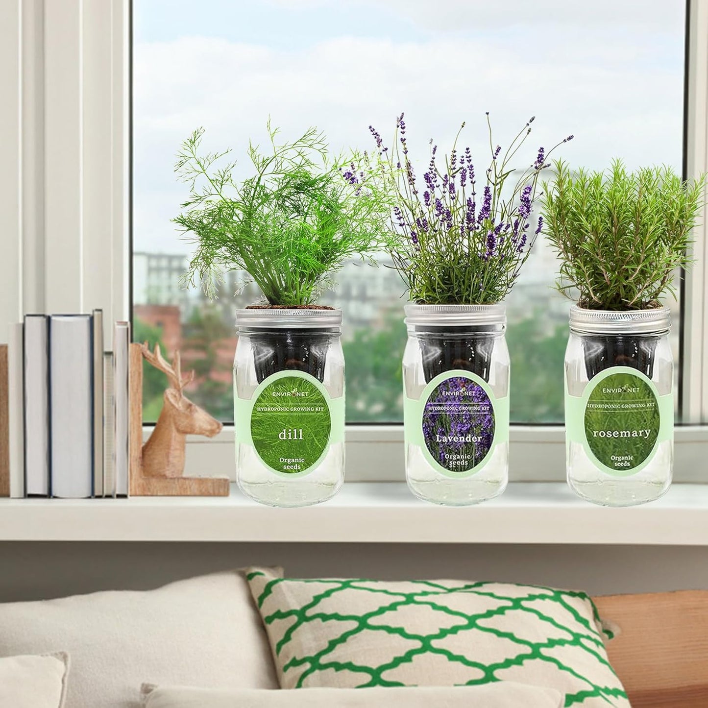 Hydroponic Herb Growing Kit Set, Self-Watering Mason Jar Herb Garden Starter Kit Indoor, Grow Your Own Herbs from Seeds (Dill, Lavender & Rosemary)