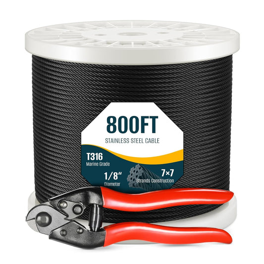 800FT 1/8" Black T316 Stainless Steel Cable, 7x7 Strands Construction, Black Wire Rope Aircraft Cable for Indoor, Outdoor, Deck Fence Railing, and DIY Balustrades