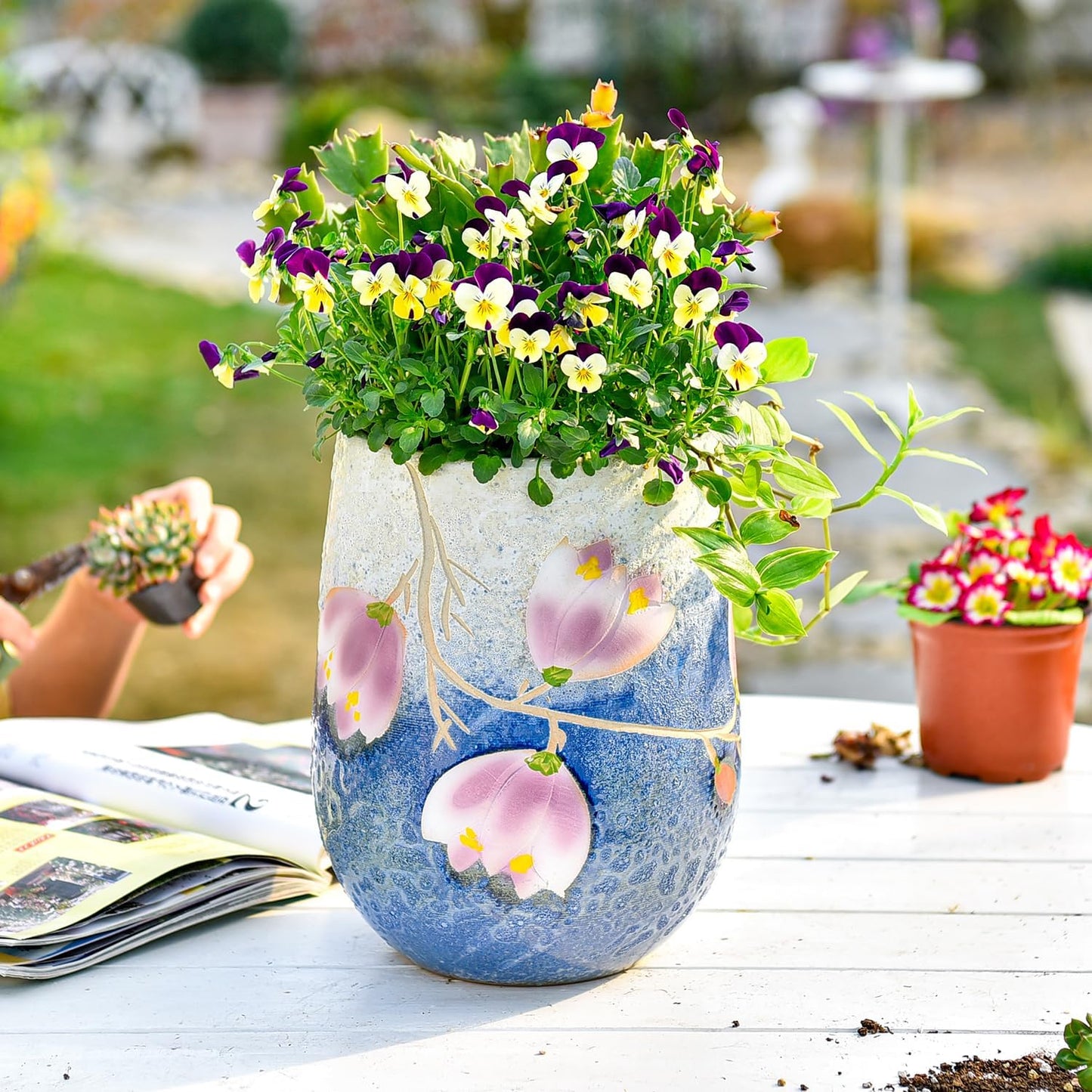 Sungmor 10.6 Inch Ceramic Succulent Plant Pot with Drainage Hole, Hand Painted Flower Pots for Plants, Unique Texture Decorative Planter for Indoor and Outdoor, Pottery Vase for Home Office Decor