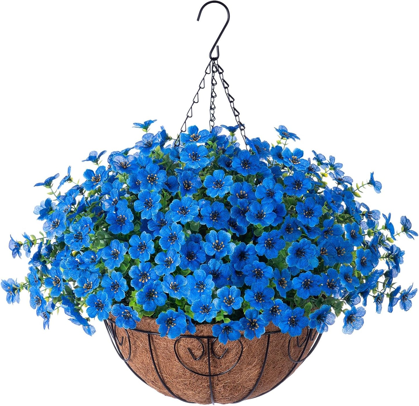 Artificial Fake Hanging Plants Flowers with Basket Outdoor Decor Faux Silk Daisy Flower Arrangements in Pot Planter for Porch Home Indoor Patio Garden Yard Decoration, Blue