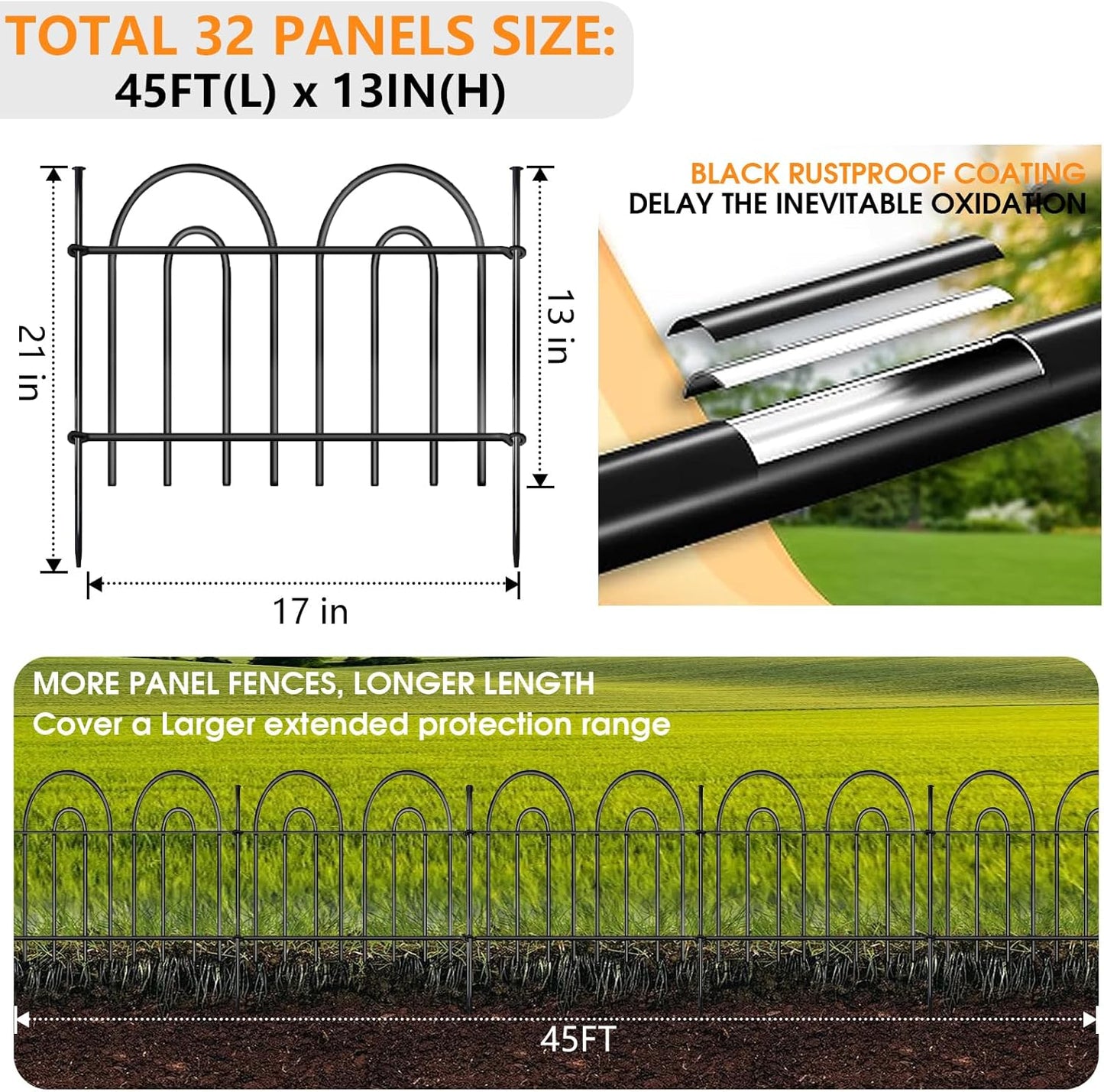 45ft X 13in Animal Barrier Fence, 32 Panels No Dig Fence for Dogs Rabbit, Anti Digging Defense Barrier Garden Edging Border, Rustproof Metal Arched Decorative Garden Fencing for Outdoor, Yard, Lawn