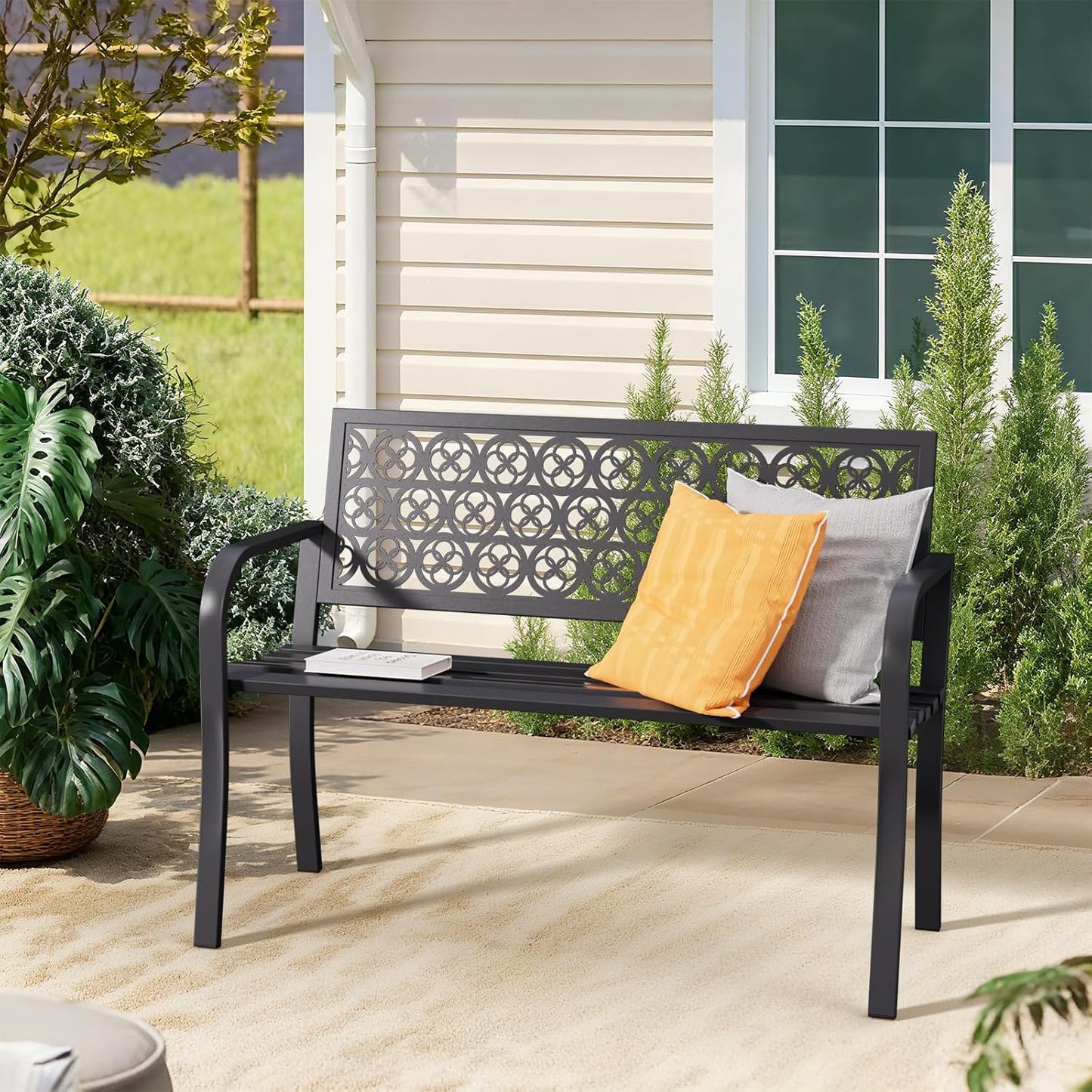 44'' Outdoor Garden Bench, Weatherproof Wrought Iron Metal Patio Bench with Mesh Pattern Backrest, for Front Porch, Park, Yard, Gardens