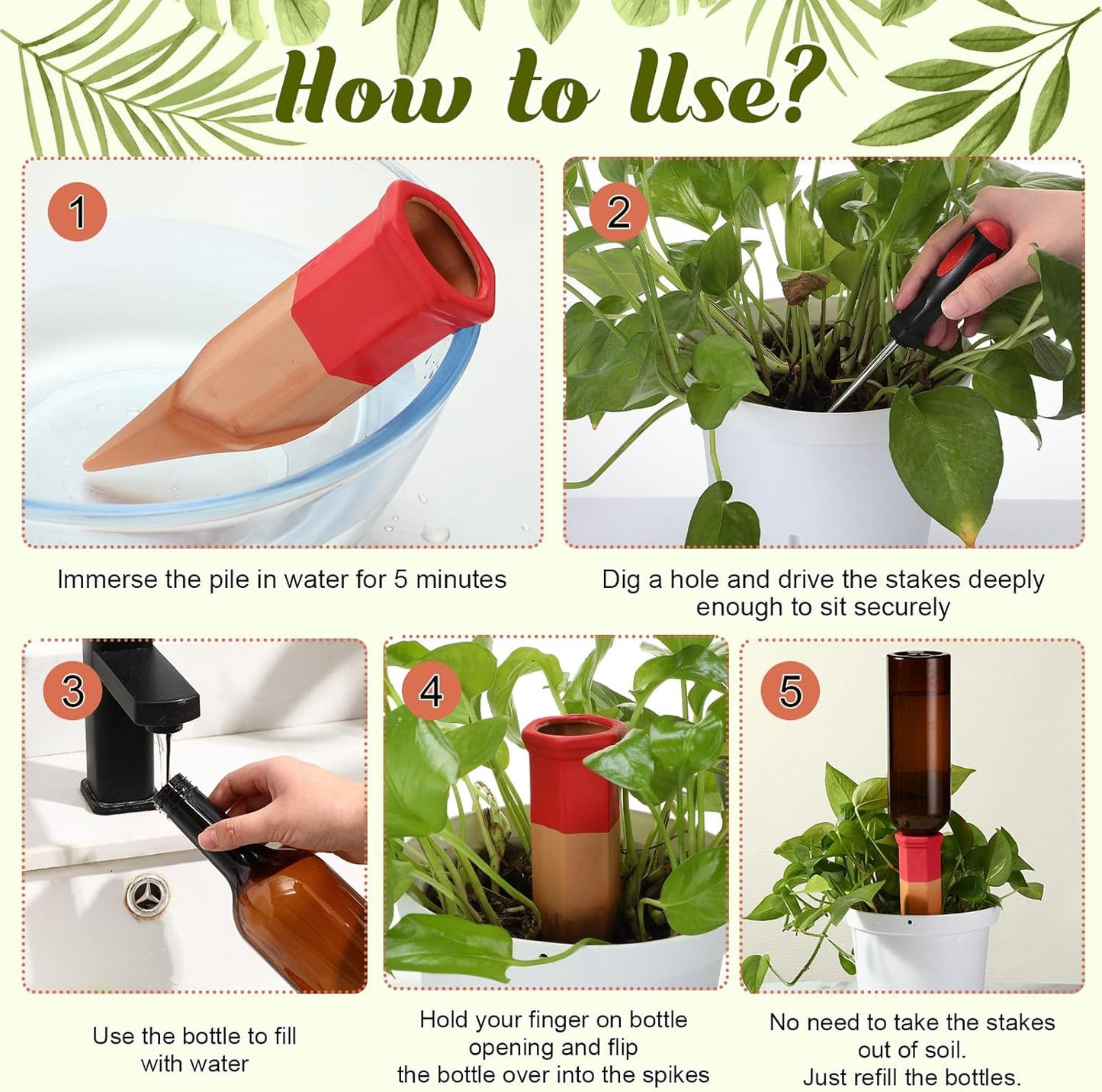 6 Sets Plant Watering Devices Include Terracotta Self Watering Spikes and 26 oz Plastic Bottles, Slow Release Vacation Insert Automatic Plant Waterer Device (Brown and Mixed Color)