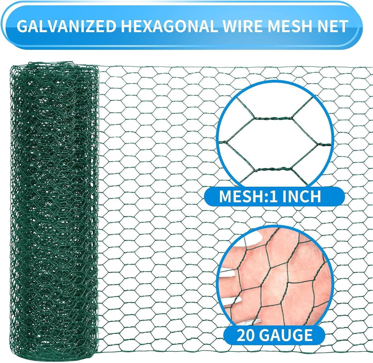60'' x 150' Green Chicken Wire Fencing, 1 inch Chicken Wire and 20 Gauge Poultry Netting, Garden Mesh Fence Roll for Floral Arrangements/Crafts/Farm/Livestock/Pet Protection