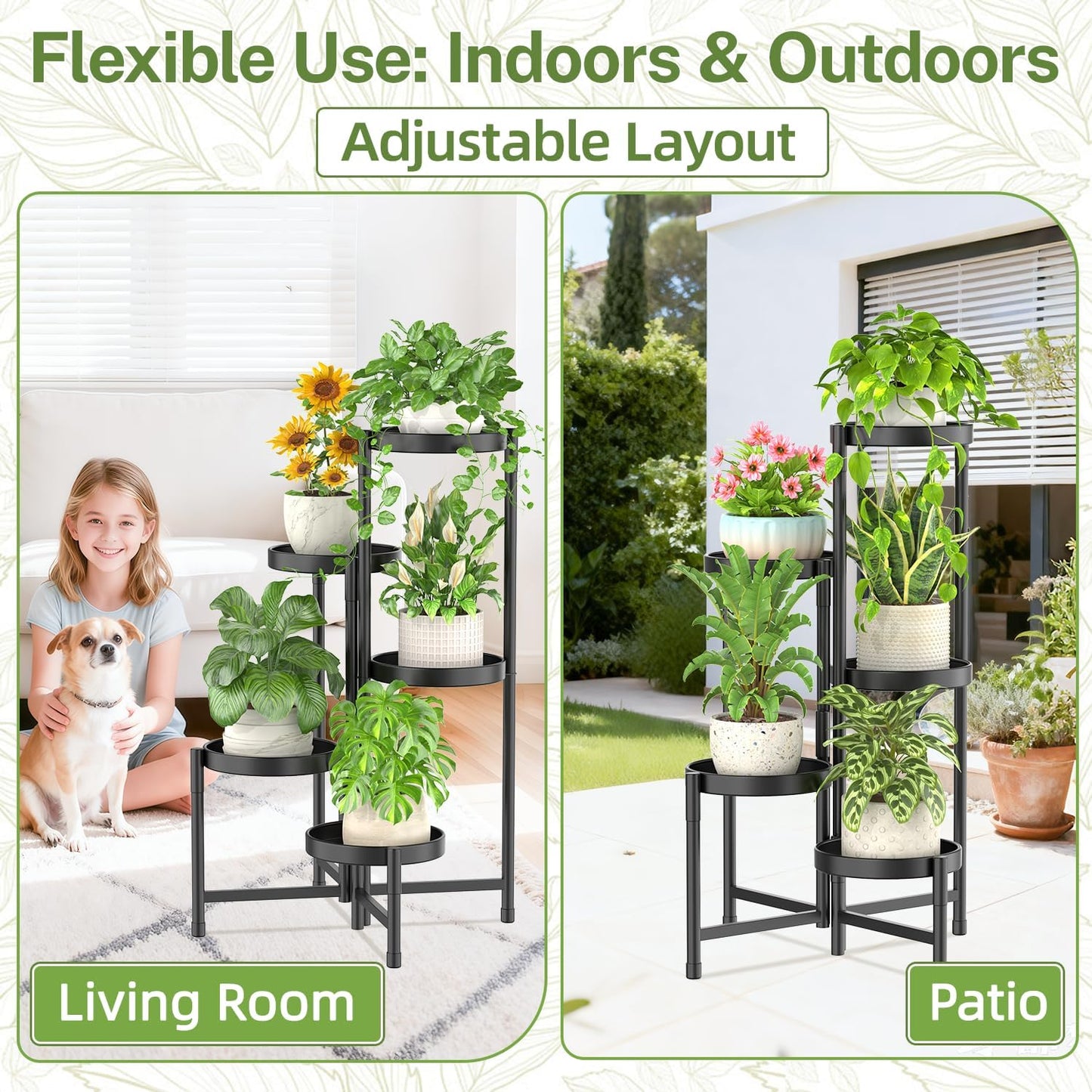 iDavosic.ly Plant Stand Indoor Outdoor, 5 Tier Corner Metal Flower Display Holder Shelf, Folding Tall Orchid Rack for Patio Balcony Porch Garden Living Room House, Black