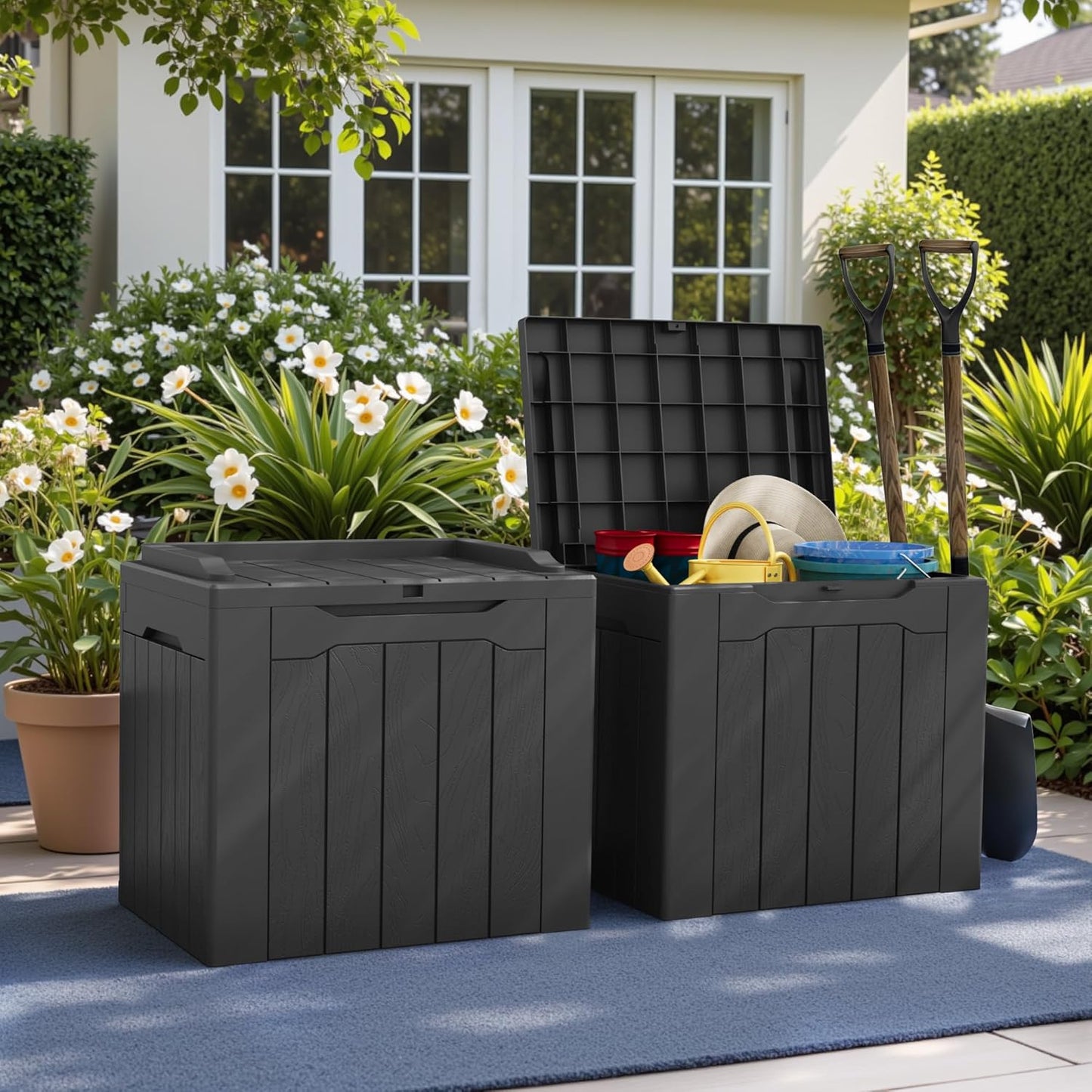 Greesum 31 Gallon Deck Box for Outside, All Weather Outdoor Storage Boxes for Patio Furniture Set, Package Delivery Box,Garden Tools, Gray(Set of 2)