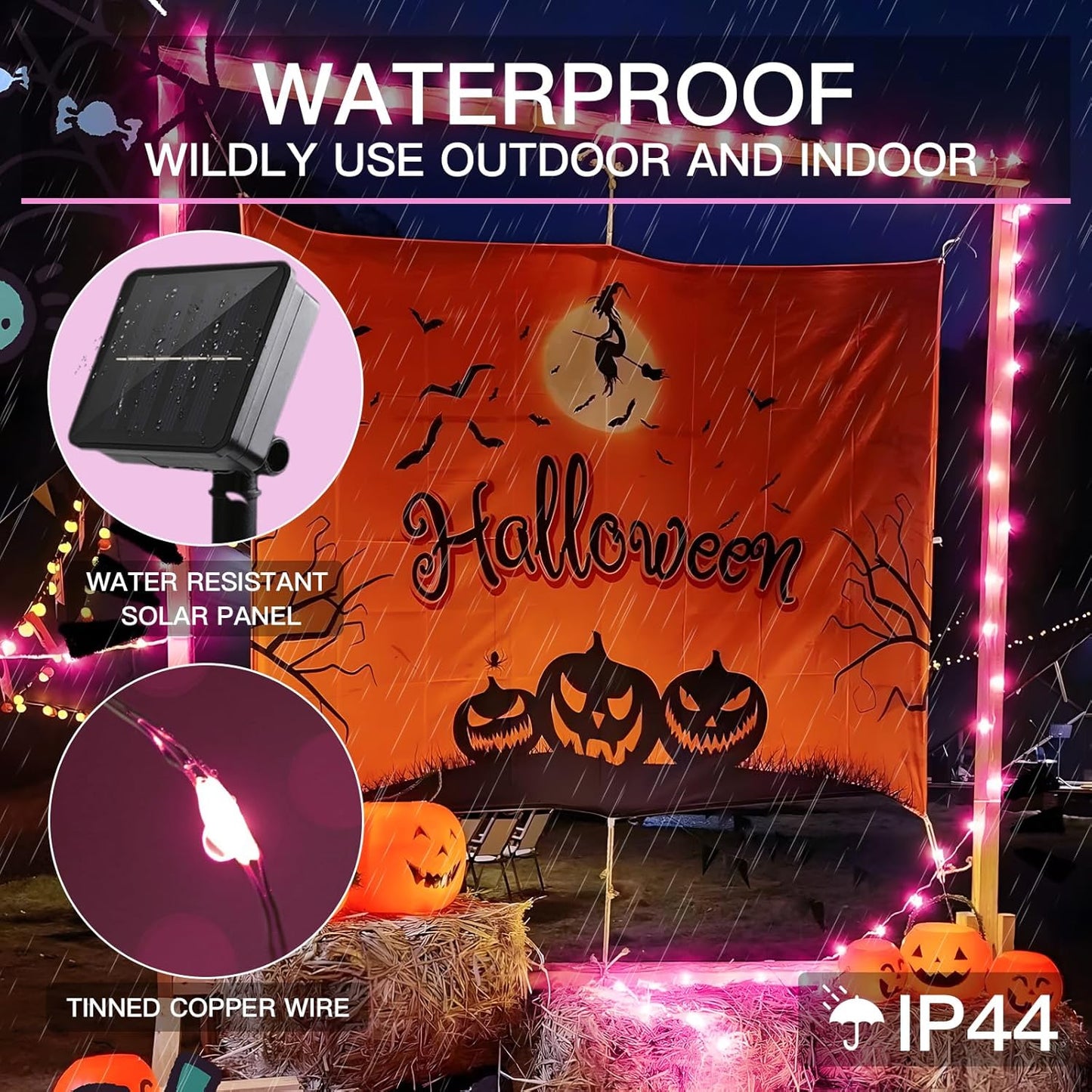 suddus Pink Solar String Lights for Outside, 2 Pack Total 66ft 200 Led Pink Fairy Light Outdoor, 8 Modes Solar Twinkle Light for Halloween Decor, Fence, Patio, Yard, and Party