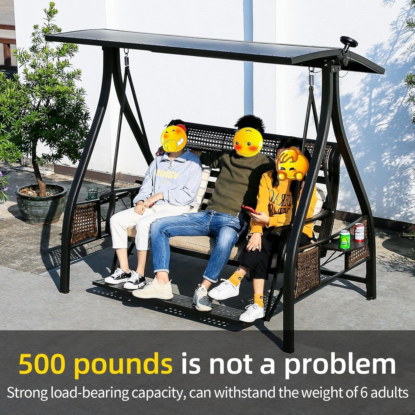 2/3-Seat Outdoor Patio Porch Swing with Adjustable Aluminum Alloy Canopy Solar Patio Swing Chair Bench with Footrest Side Cup Holder for Backyard Lawn (Elite Wood Grain-3 Seat)