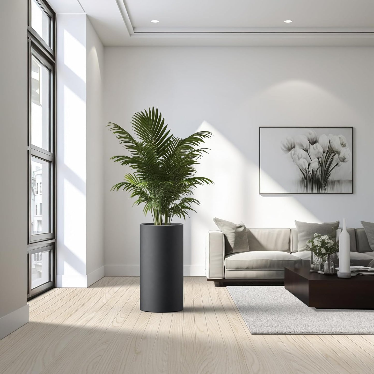 Kante 27.8 Inch Tall Cylindrical Planter, Large Round Plant Pots with Drainage Hole, Made with Concrete, Suitable for Indoor Outdoor Plants, Home Decor, Black