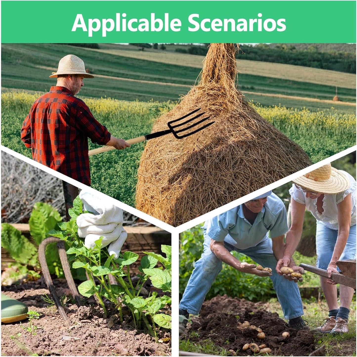 Garden Fork,4-Tine Pitchfork,Spading Digging Fork,Forged Steel Y-Grip, Wood Handle,45Inch