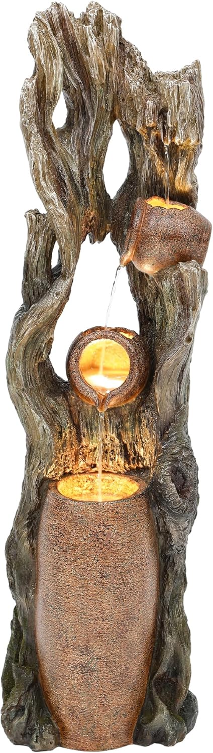 42.7in Tall Outdoor Water Fountain with LED Lights, 3-Tier Rainforest Waterfall Tree Trunk and Jar Garden Fountain, Ideal for Serene Relaxing Patio, Yard or Porch