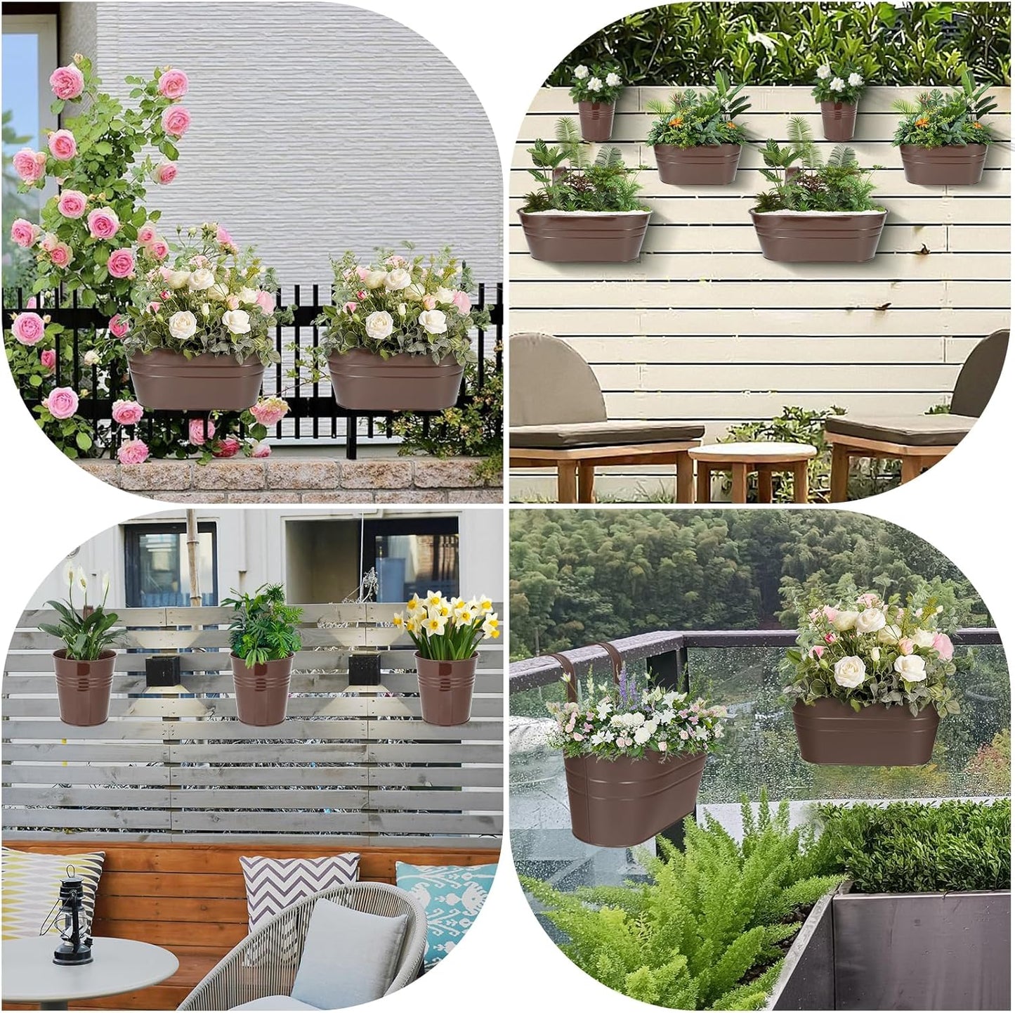 3 Different Size Metal Iron Hanging Flower Pots 10 Pcs for Outdoor Plants Metal Hanging Bucket Pots Iron Railing Fence Planter with Drainage Holes and Hooks for Porch Railing Balcony Fence (Bronze)