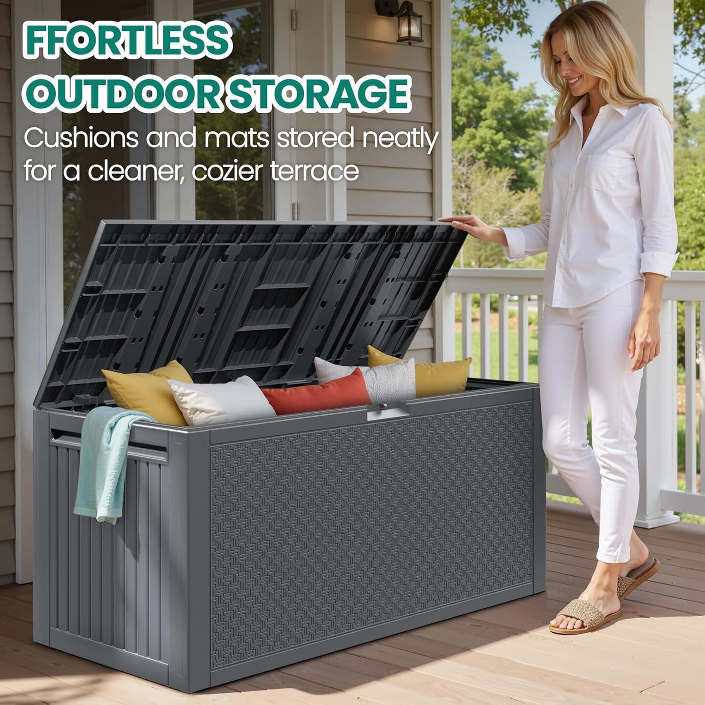 90 Gallon Outdoor Deck Box, Waterproof Outdoor Deck Box, Durable Resin Bin for Patio Cushions, Garden Tools and Pool Accessories, Lockable with UV Protection, Dark Gray, Patio Furniture (90 Gal Gray)