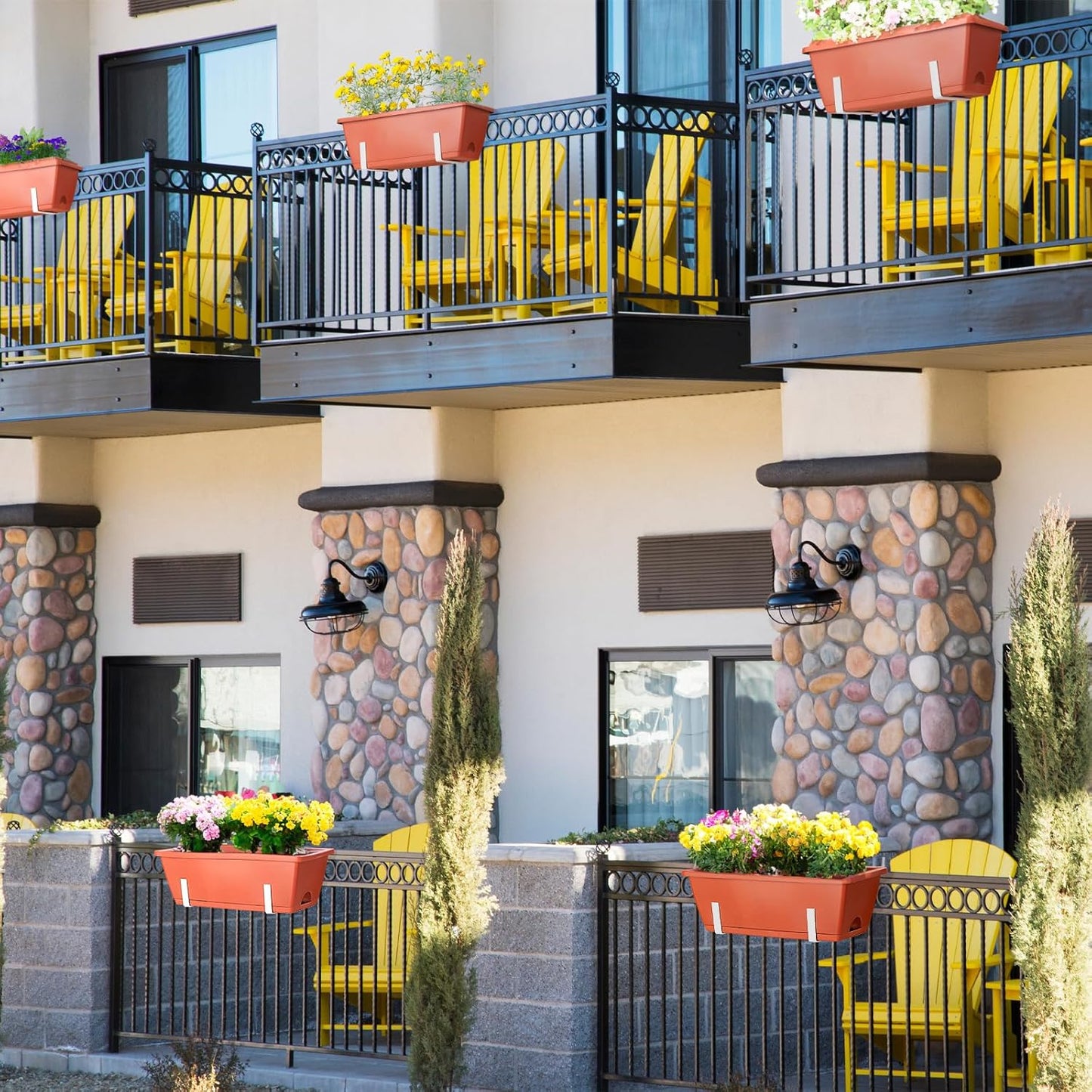 Deck Railing Planter Boxes, 6 Pack Deck Hanging Planters for Railing, 16.9 Inch Balcony Planters Railing Hanging, Railing Hanging Planter, Red and White