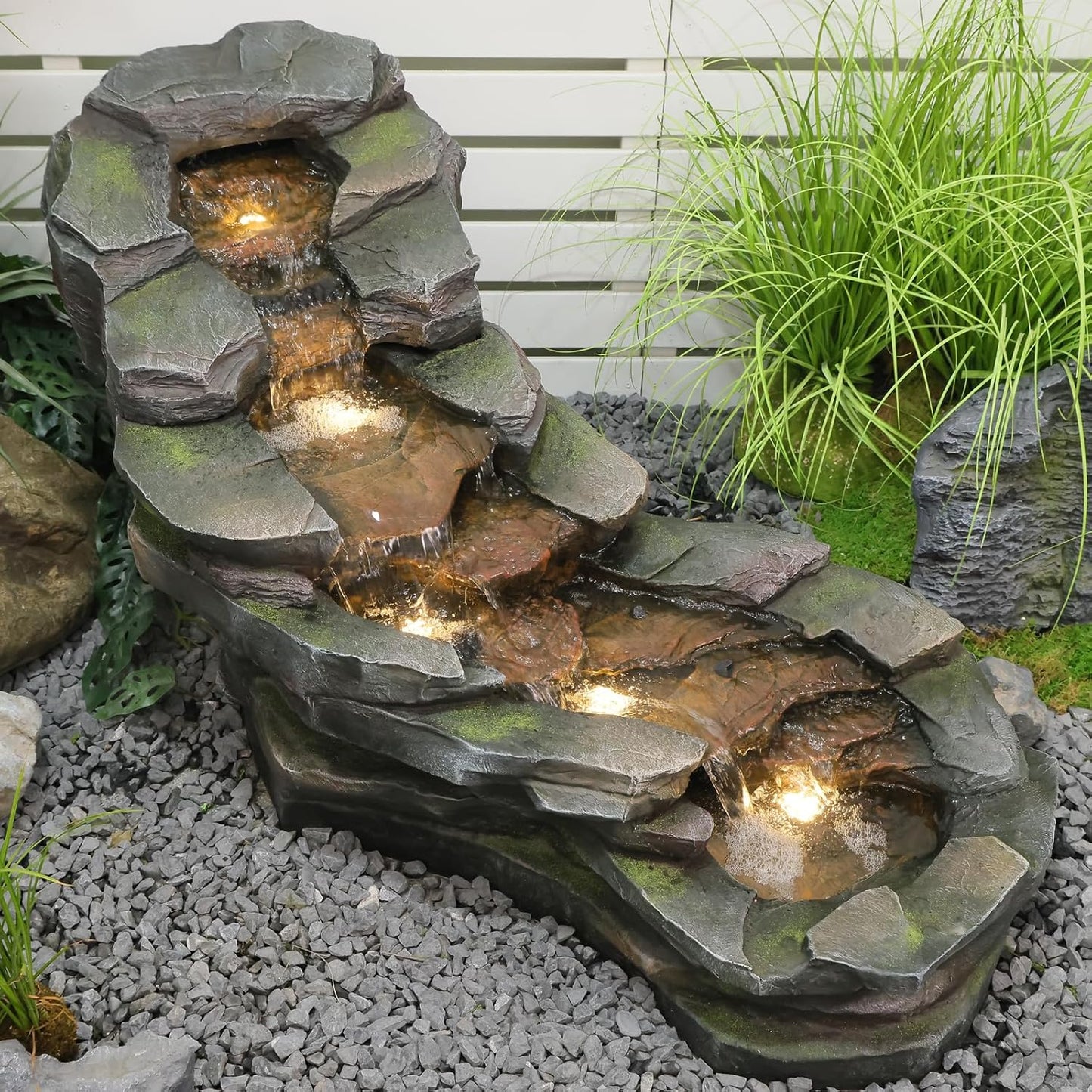 49" L Garden Outdoor Water Fountain 5-Tiers Rock Natural Waterfall Fountains Floor Standing Water Features with LED Lights for Patio, Porch, Home Art Decor