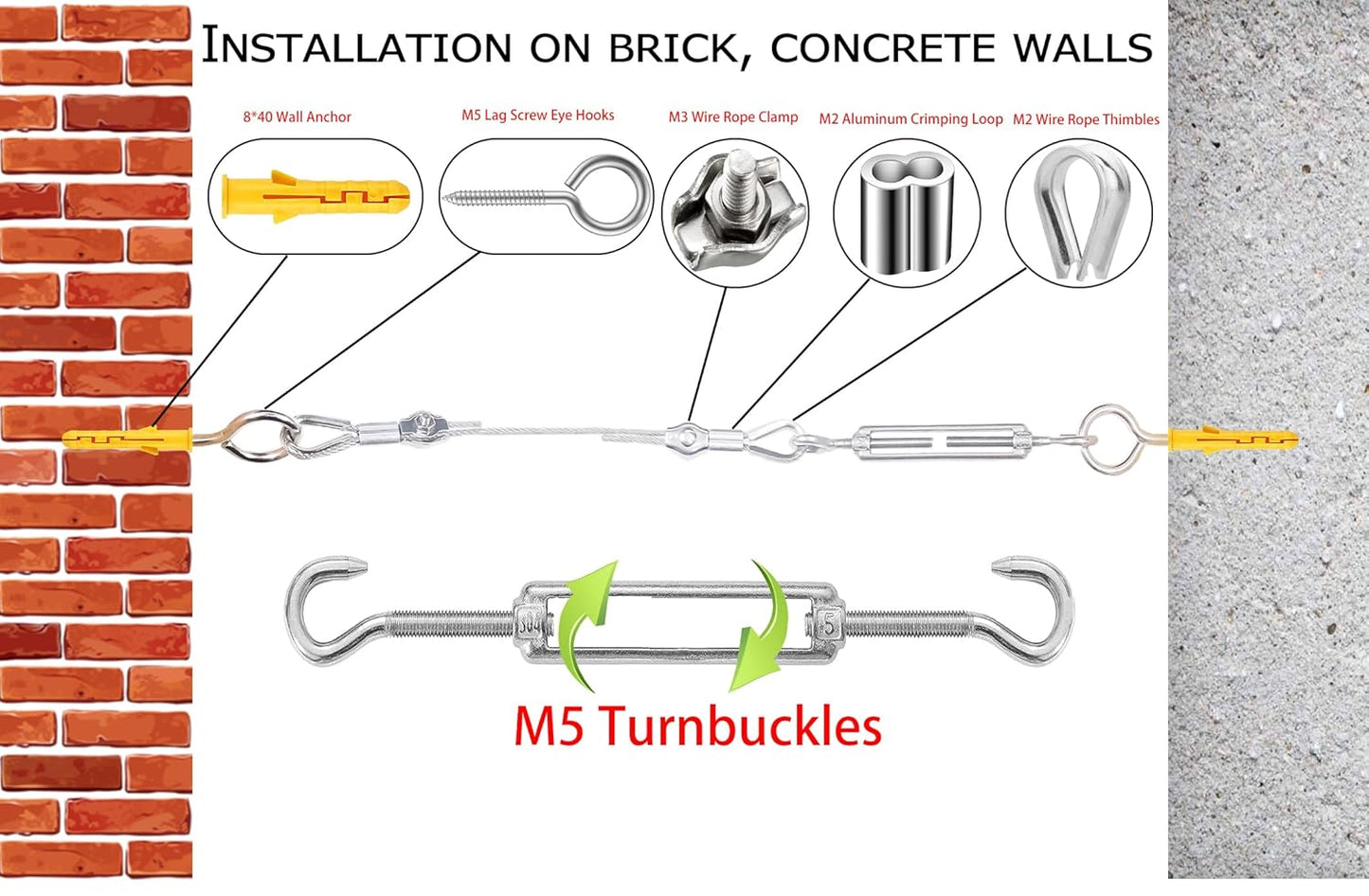 1/8" Wire Rope,Turnbuckles for Cables Wire, 304 Stainless Steel Cable,M5 Turnbuckle Kit,Wire Cable Turnbuckle Tensioner…
