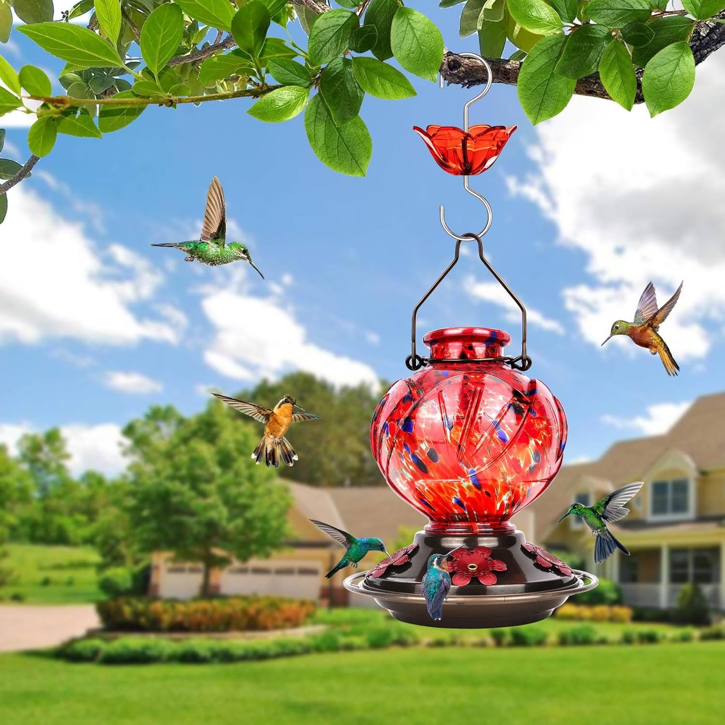 BOLITE Hummingbird Feeder, Hand Blown Glass Hummingbird Feeders for Outdoors Hanging, with Ant Moat and 5 Feeding Ports, 22 Ounces, Peony Flower Shape, Red, Gifts for Women Men, Gifts for Mom Dad