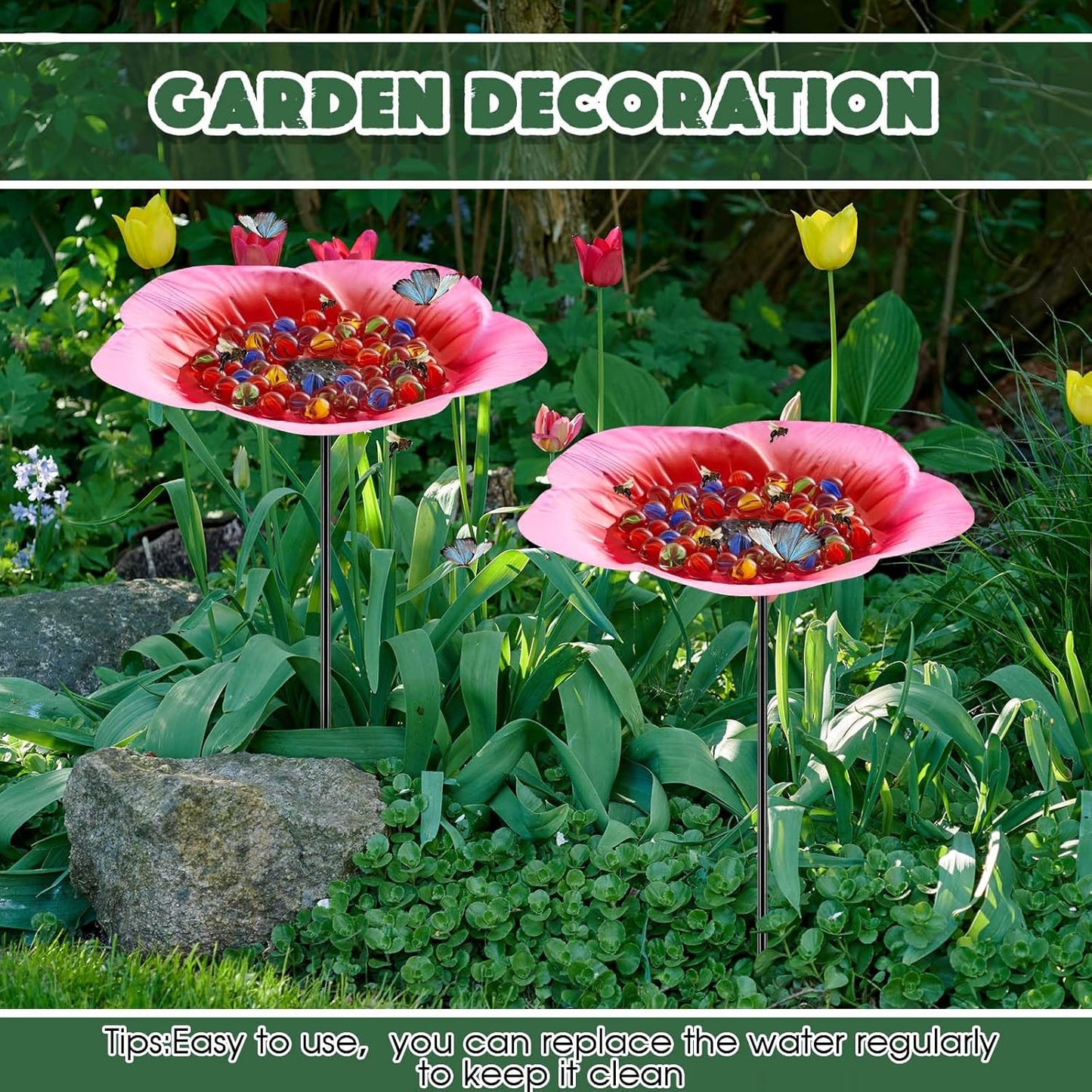 Tandefio Vivid Flower Bee Watering Station Metal Butterfly Water Feeder Cup with 30 Colorful Glass Marbles Bee Feeder Butterfly Bath Bowl for Garden Outdoor Yard Decors(Pink,Flower)